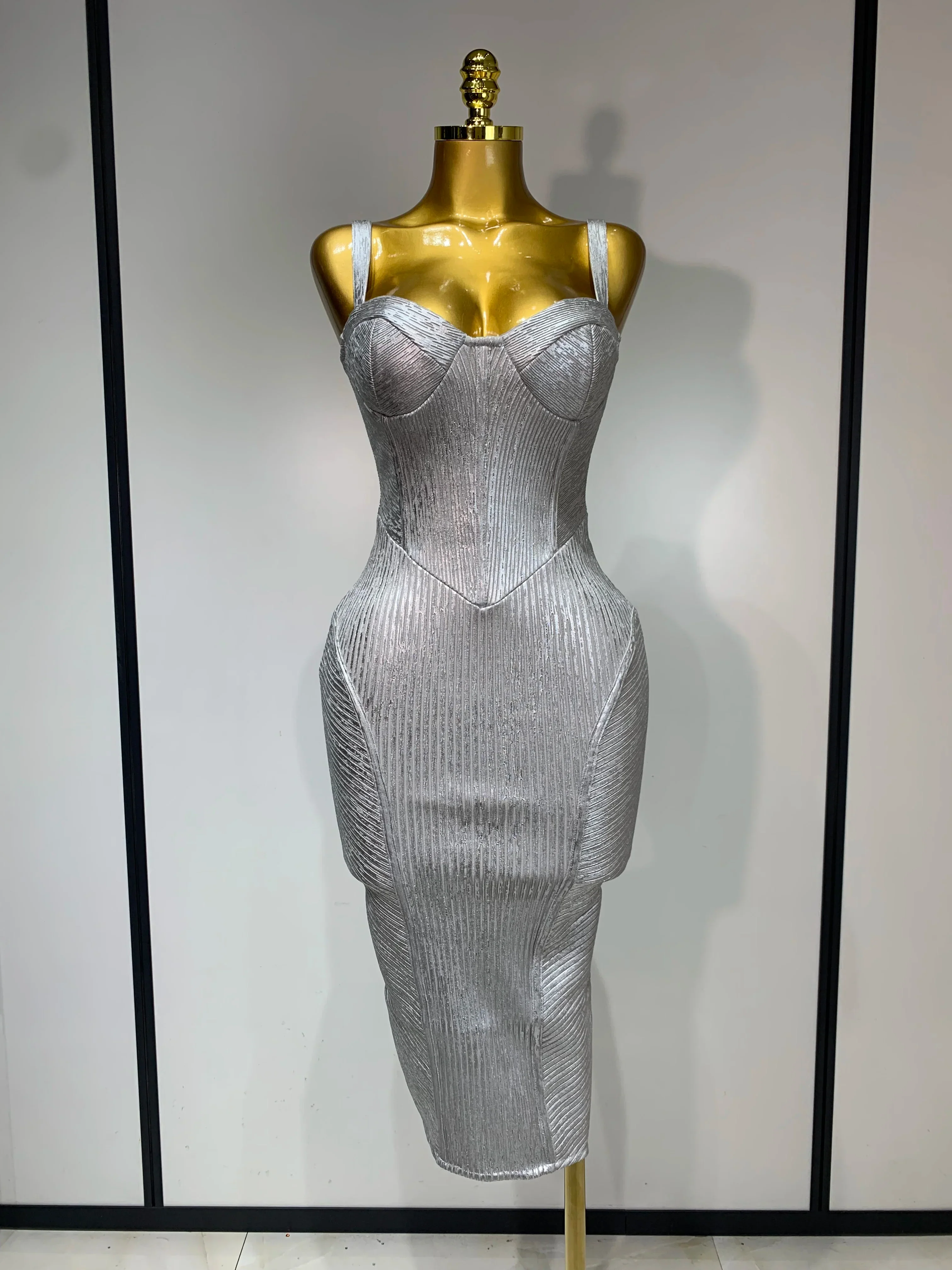 Women Sleeveless Sexy Silver V Neck Bodycon Midi Bandage Dress Celebrate Nightclub Party Birthday Dress Wedding Guest Dress