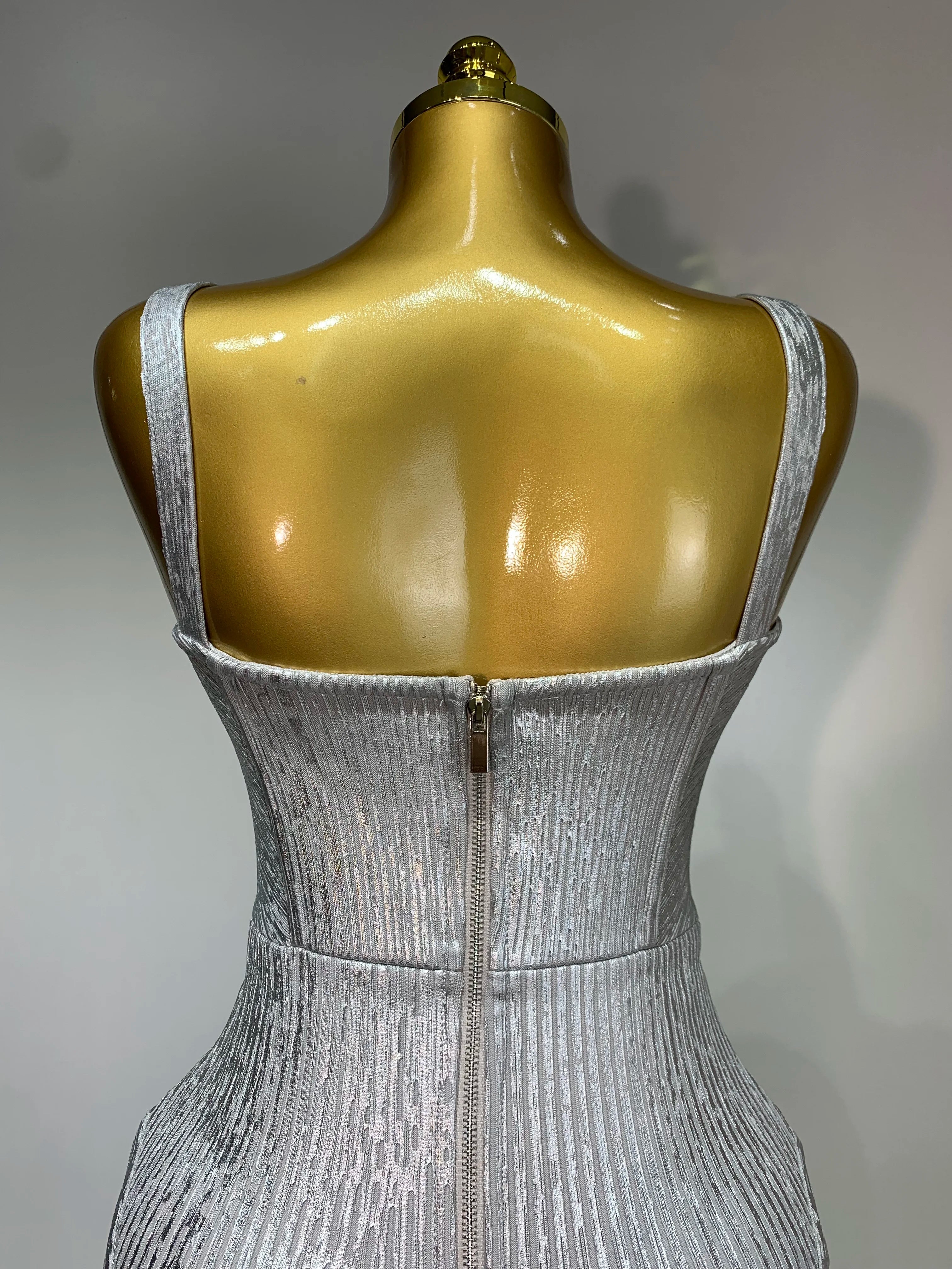 Women Sleeveless Sexy Silver V Neck Bodycon Midi Bandage Dress Celebrate Nightclub Party Birthday Dress Wedding Guest Dress - Image 6