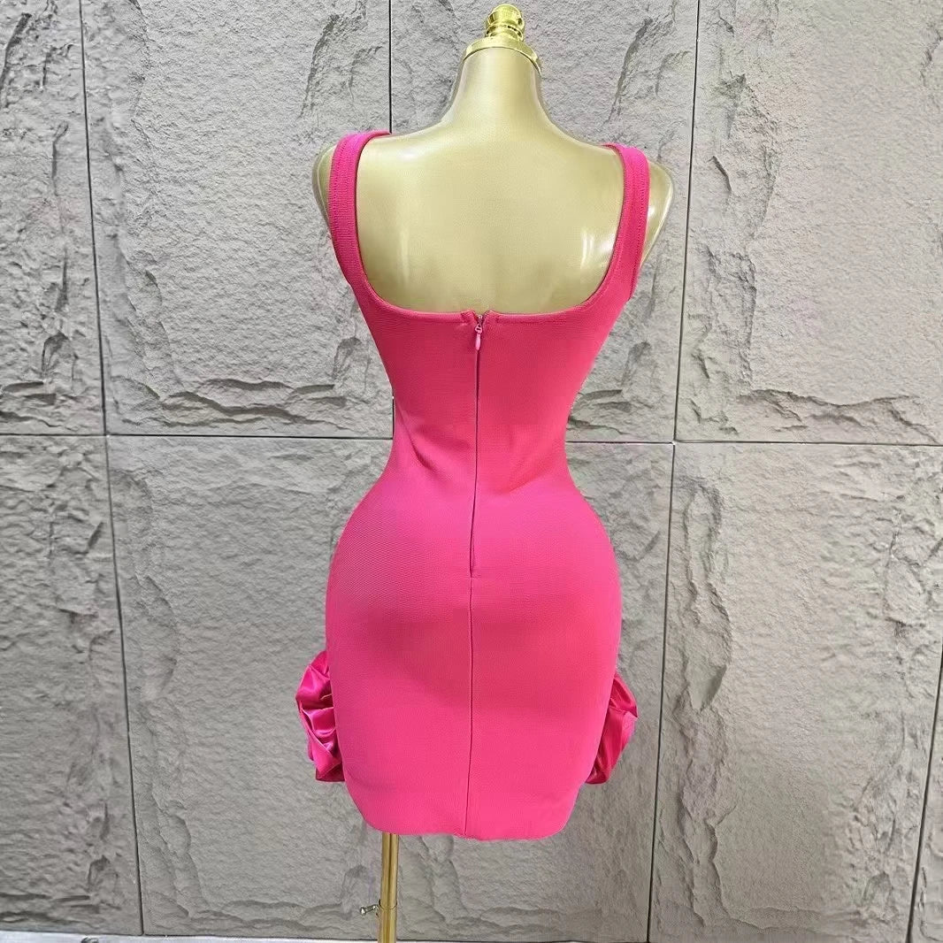 Women Sleeveless Sexy Square Collar Shinning Crystal Ruffles Bodycon Mini Bandage Dress Nightclub Party Birthday Wear - Image 3