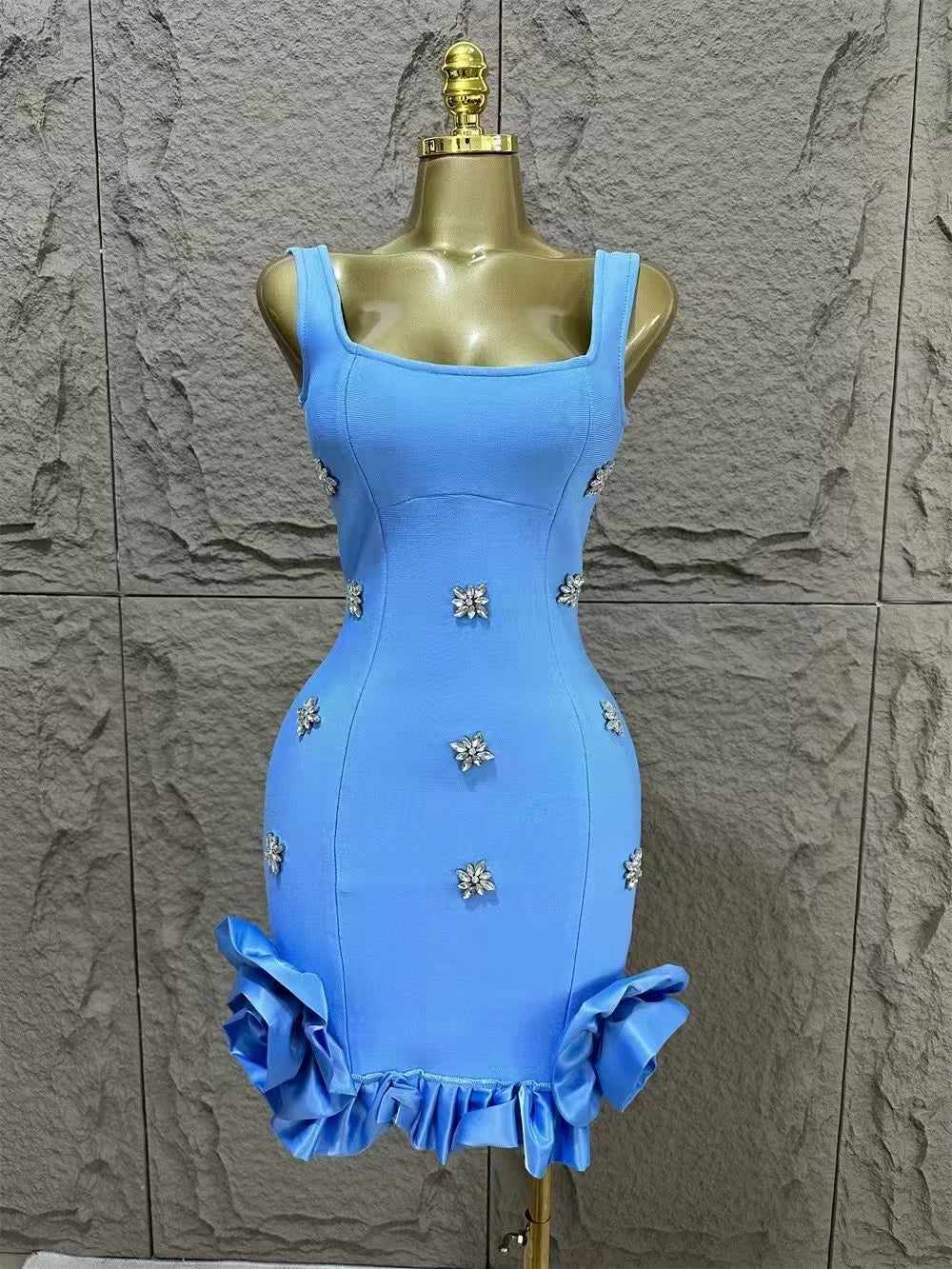 Women Sleeveless Sexy Square Collar Shinning Crystal Ruffles Bodycon Mini Bandage Dress Nightclub Party Birthday Wear - Image 4