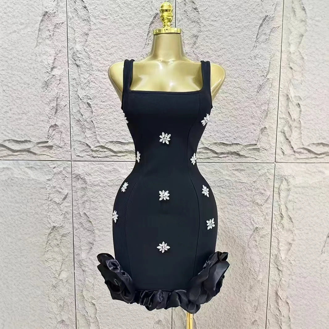 Women Sleeveless Sexy Square Collar Shinning Crystal Ruffles Bodycon Mini Bandage Dress Nightclub Party Birthday Wear - Image 5