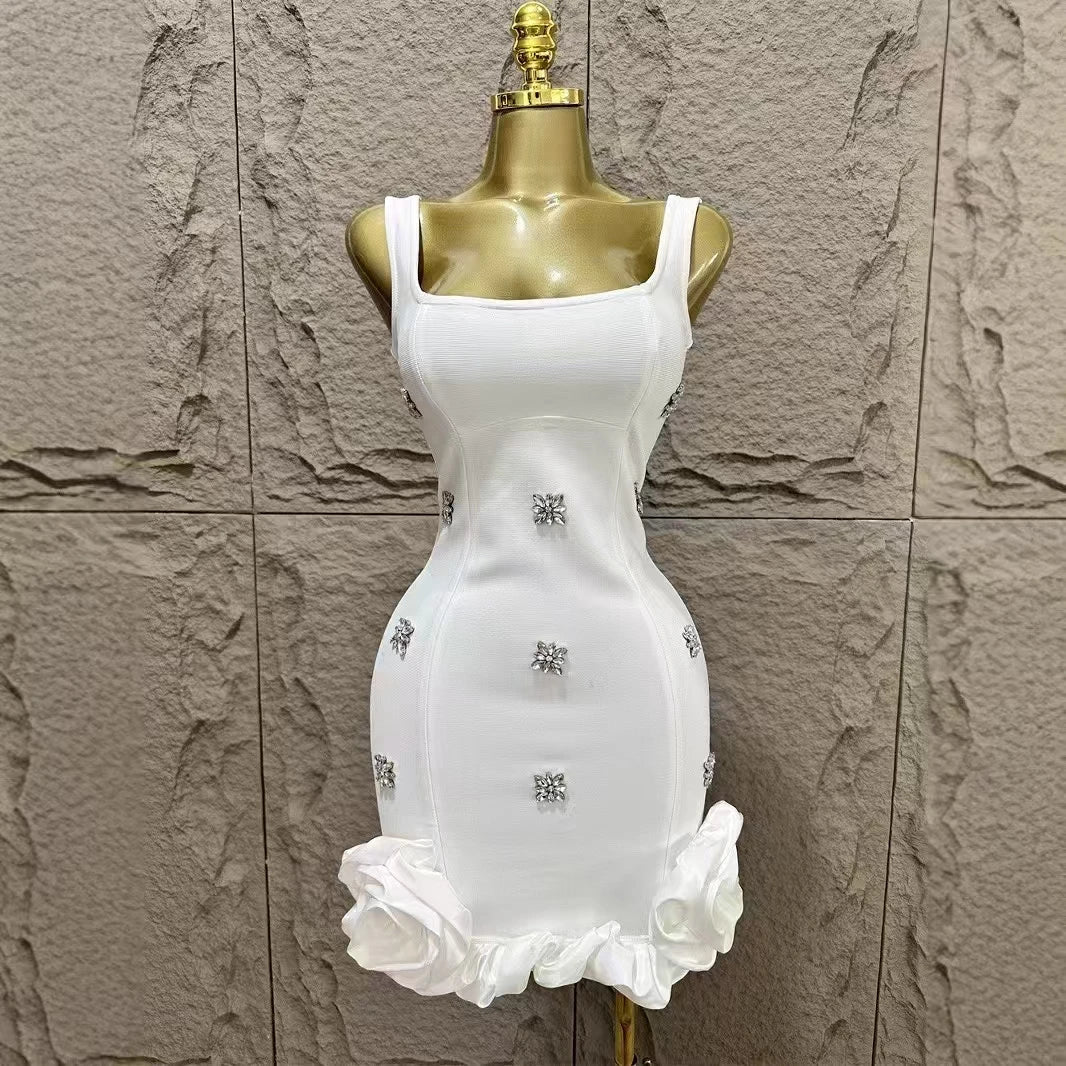 Women Sleeveless Sexy Square Collar Shinning Crystal Ruffles Bodycon Mini Bandage Dress Nightclub Party Birthday Wear - Image 6