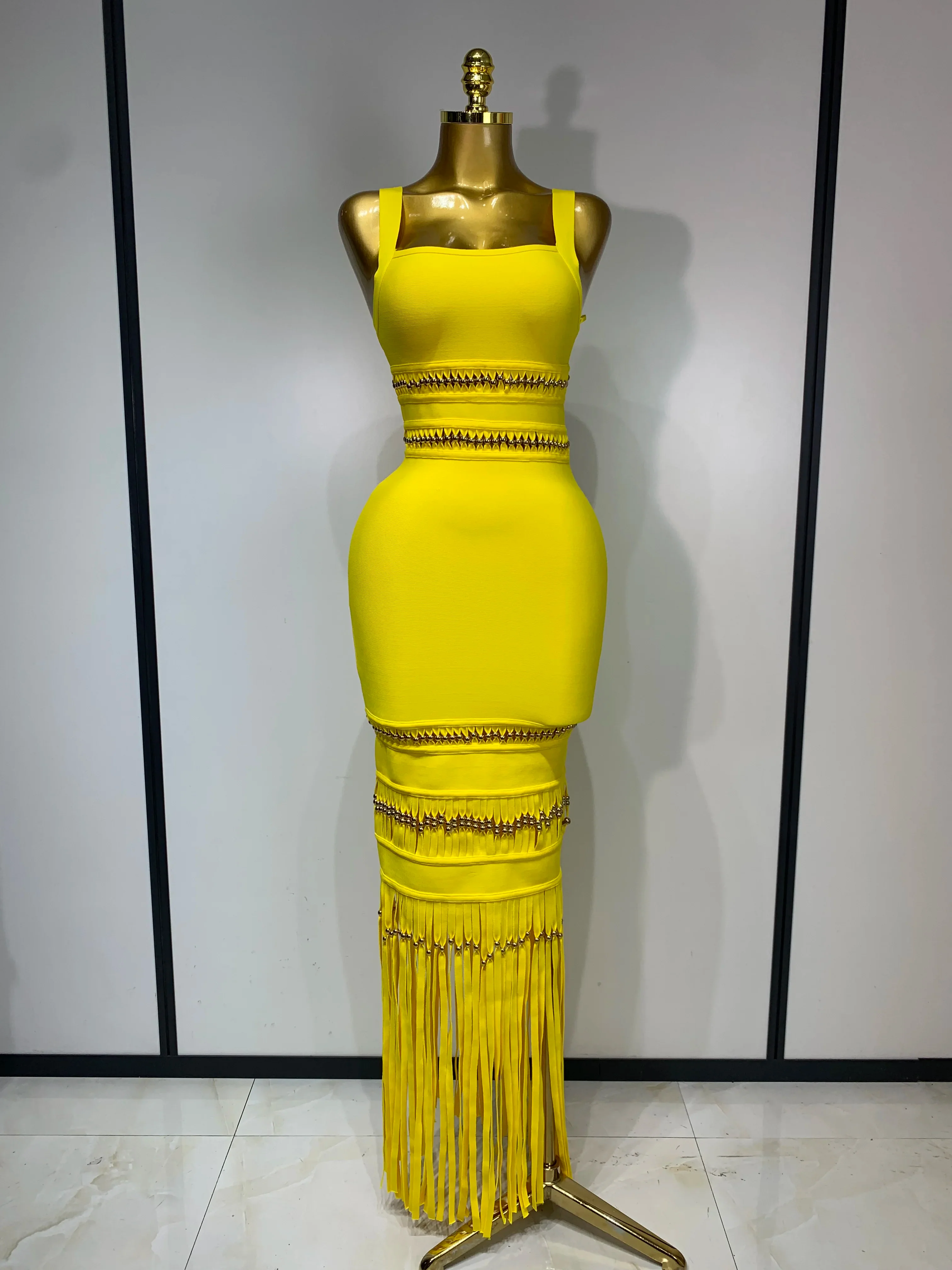 Women Sleeveless Sexy Square Collar Tassel Bodycon Bandage Dress Celebrity Elegant Evening Party Birthday Dress