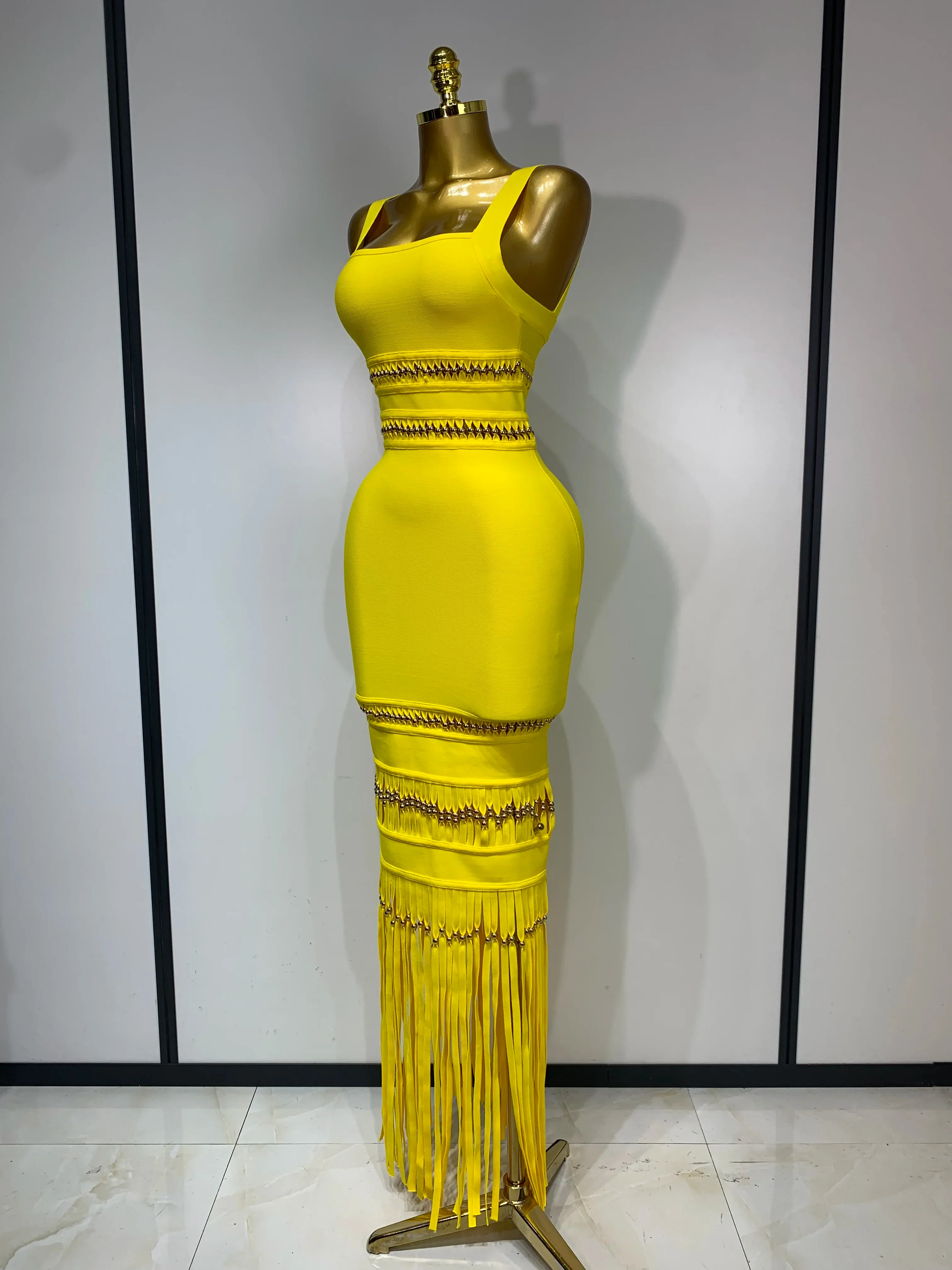 Women Sleeveless Sexy Square Collar Tassel Bodycon Bandage Dress Celebrity Elegant Evening Party Birthday Dress - Image 2