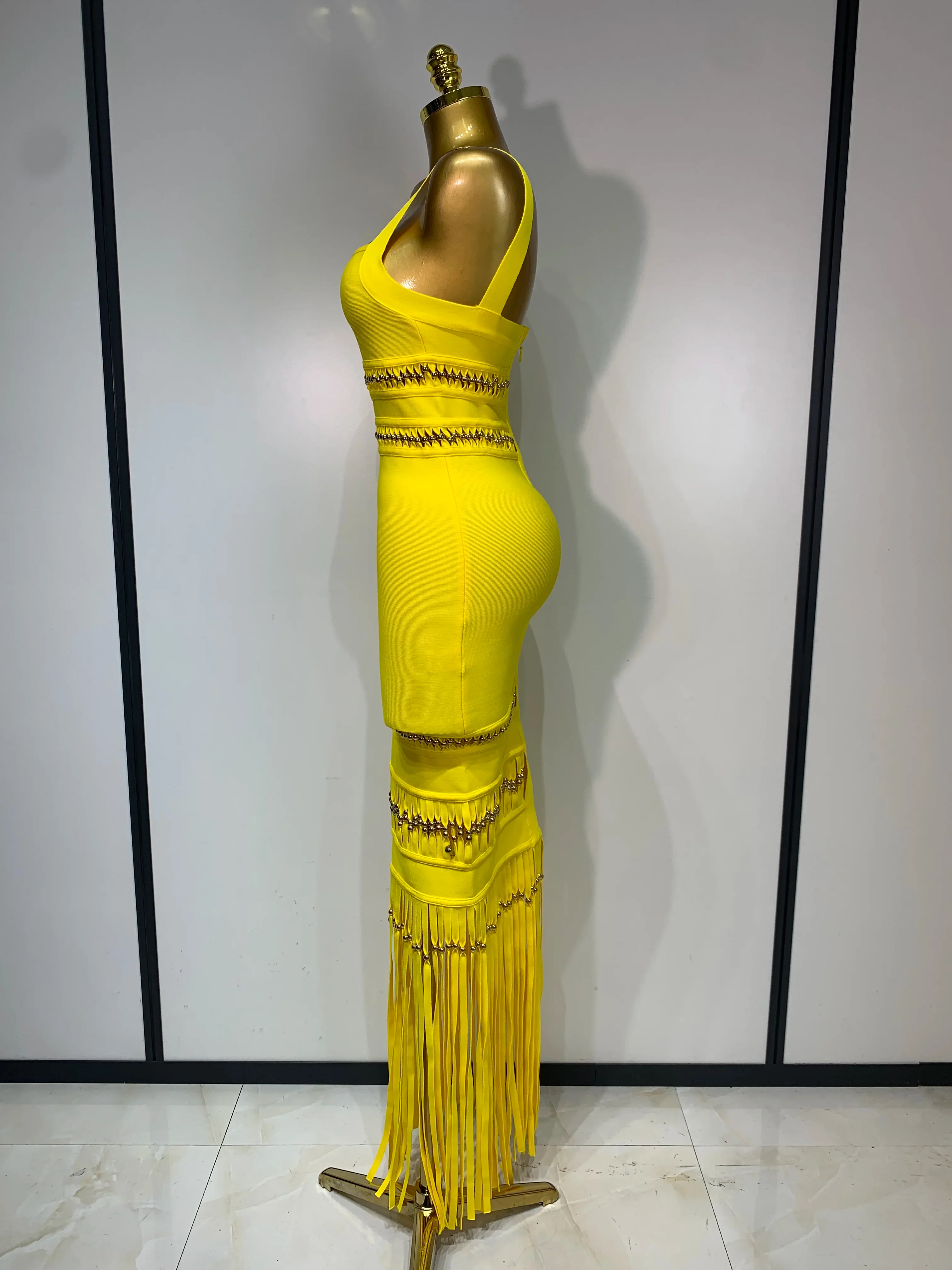 Women Sleeveless Sexy Square Collar Tassel Bodycon Bandage Dress Celebrity Elegant Evening Party Birthday Dress - Image 3