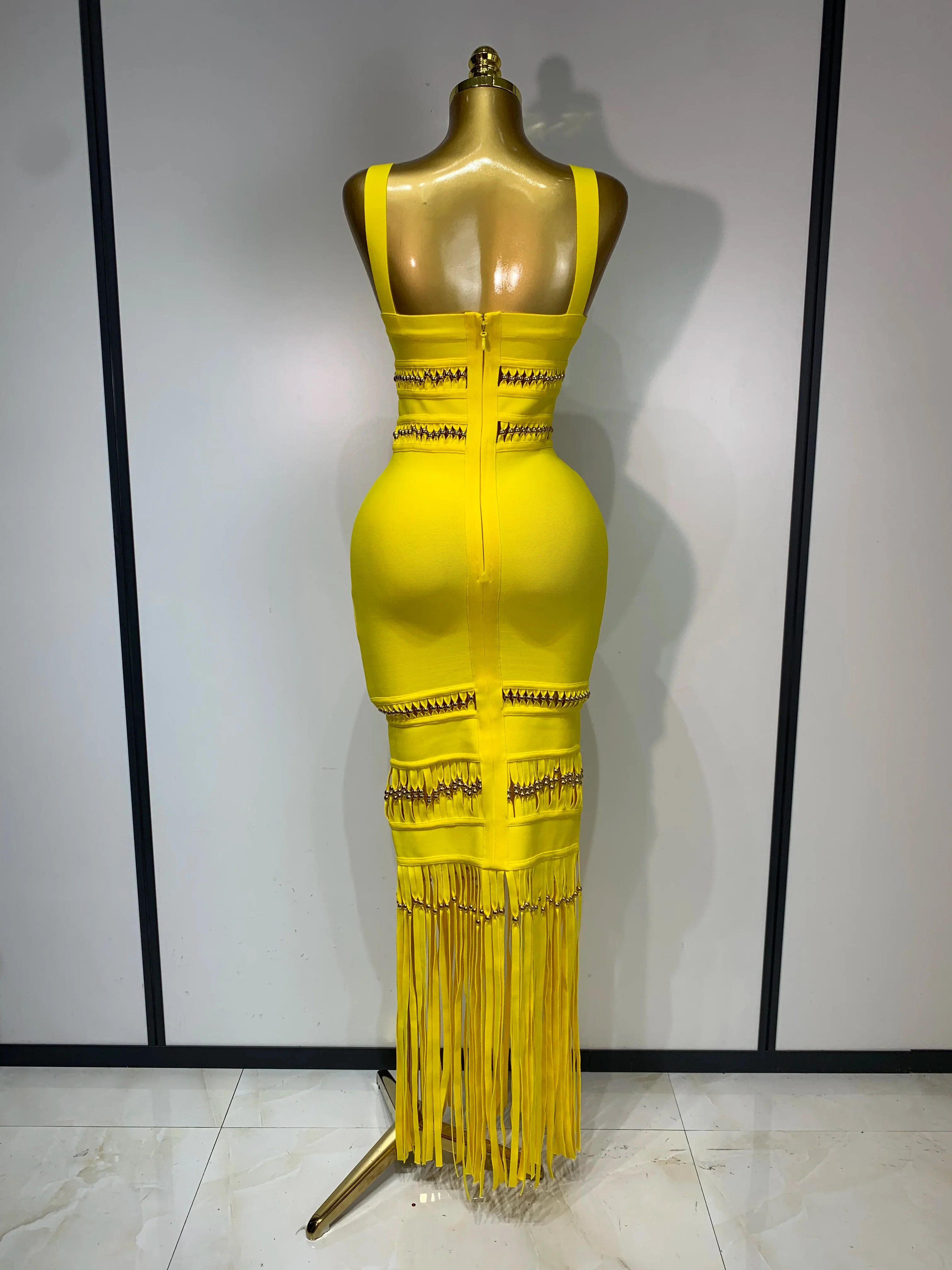 Women Sleeveless Sexy Square Collar Tassel Bodycon Bandage Dress Celebrity Elegant Evening Party Birthday Dress - Image 4