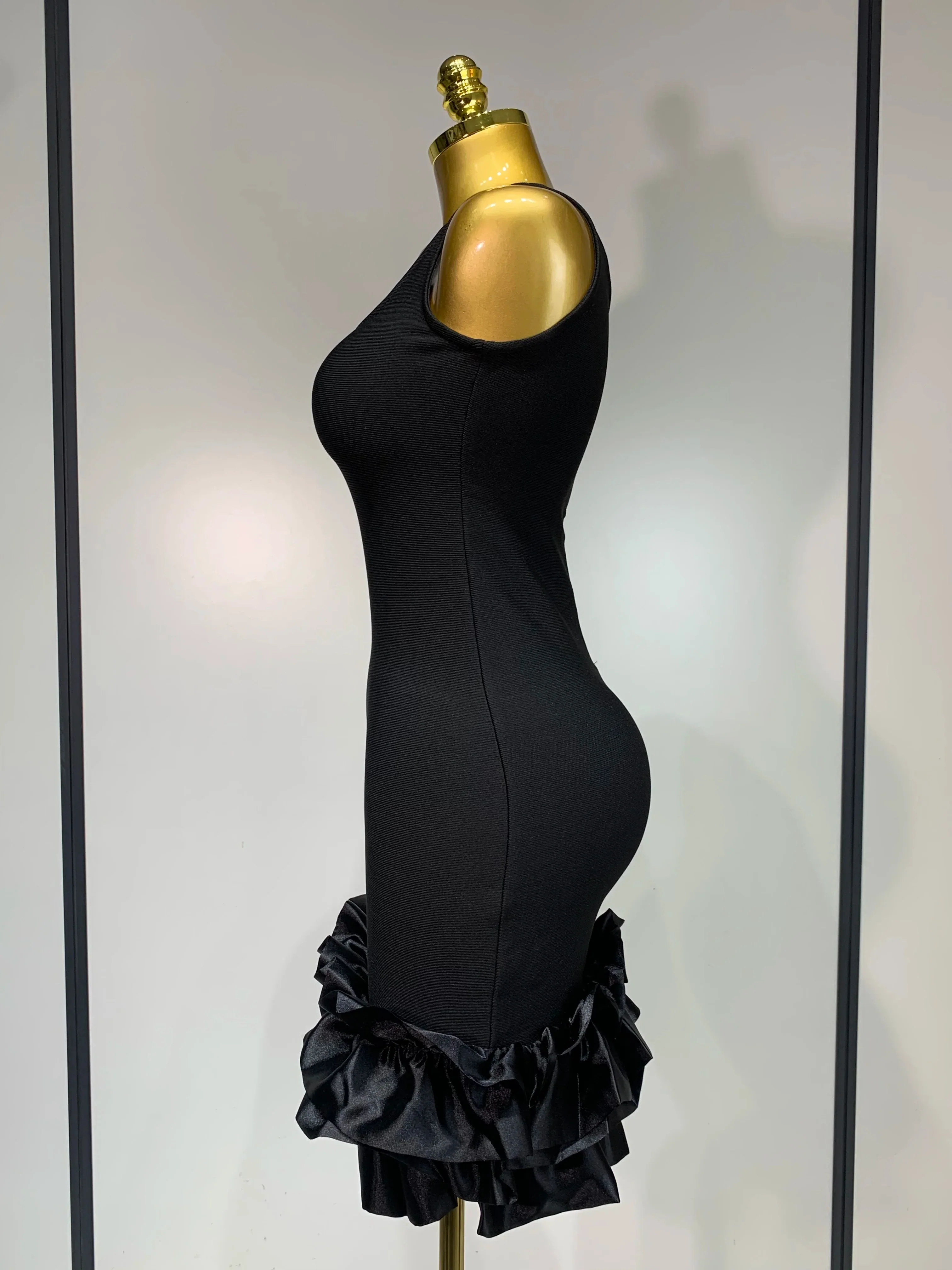 Women Spaghetti Strap Bodycon Short Dress Black Pleated Ruffle Hem Sleeveless Evening Party Cocktail Elegant Birthday Dresses - Image 3