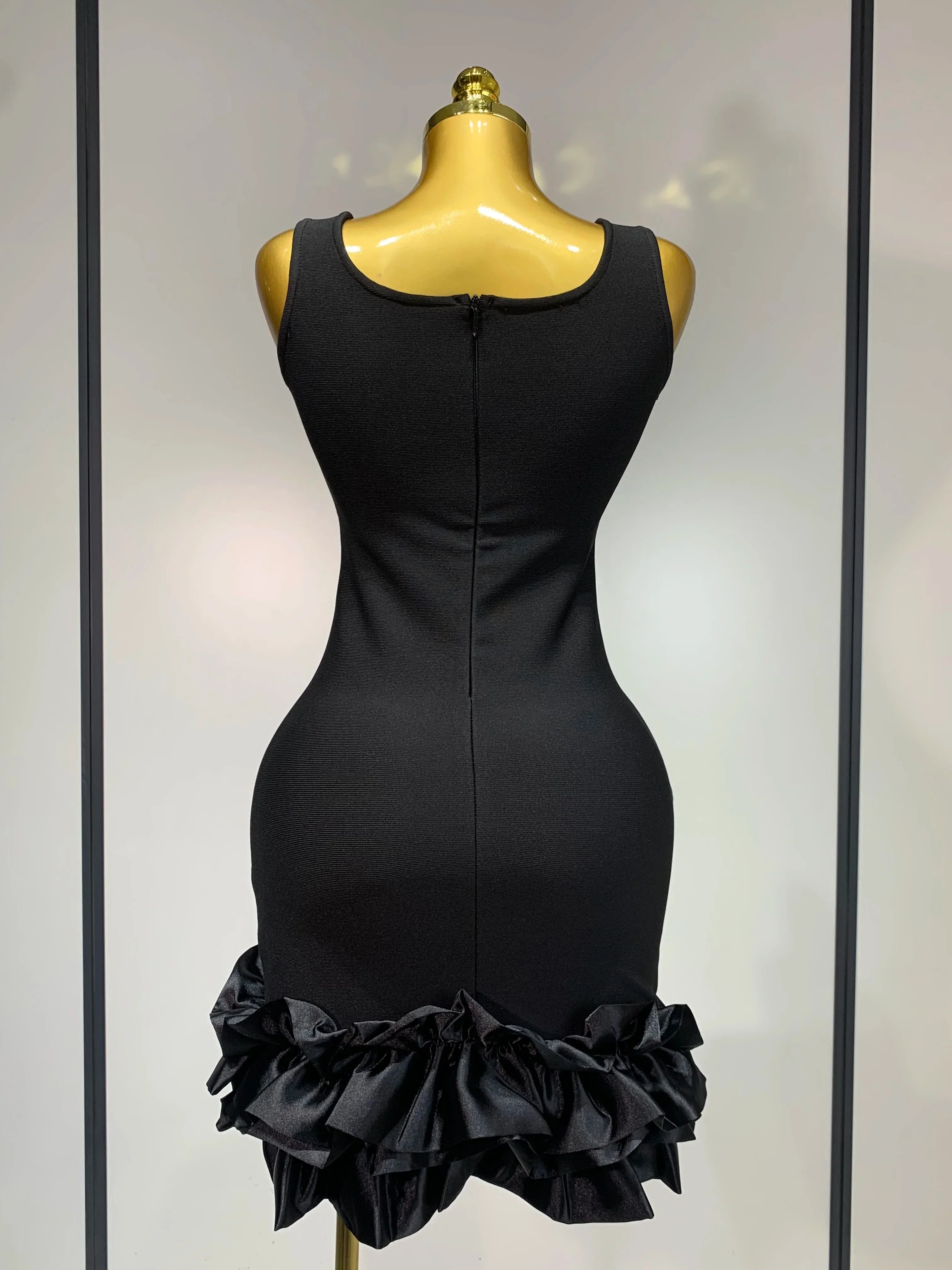 Women Spaghetti Strap Bodycon Short Dress Black Pleated Ruffle Hem Sleeveless Evening Party Cocktail Elegant Birthday Dresses - Image 4