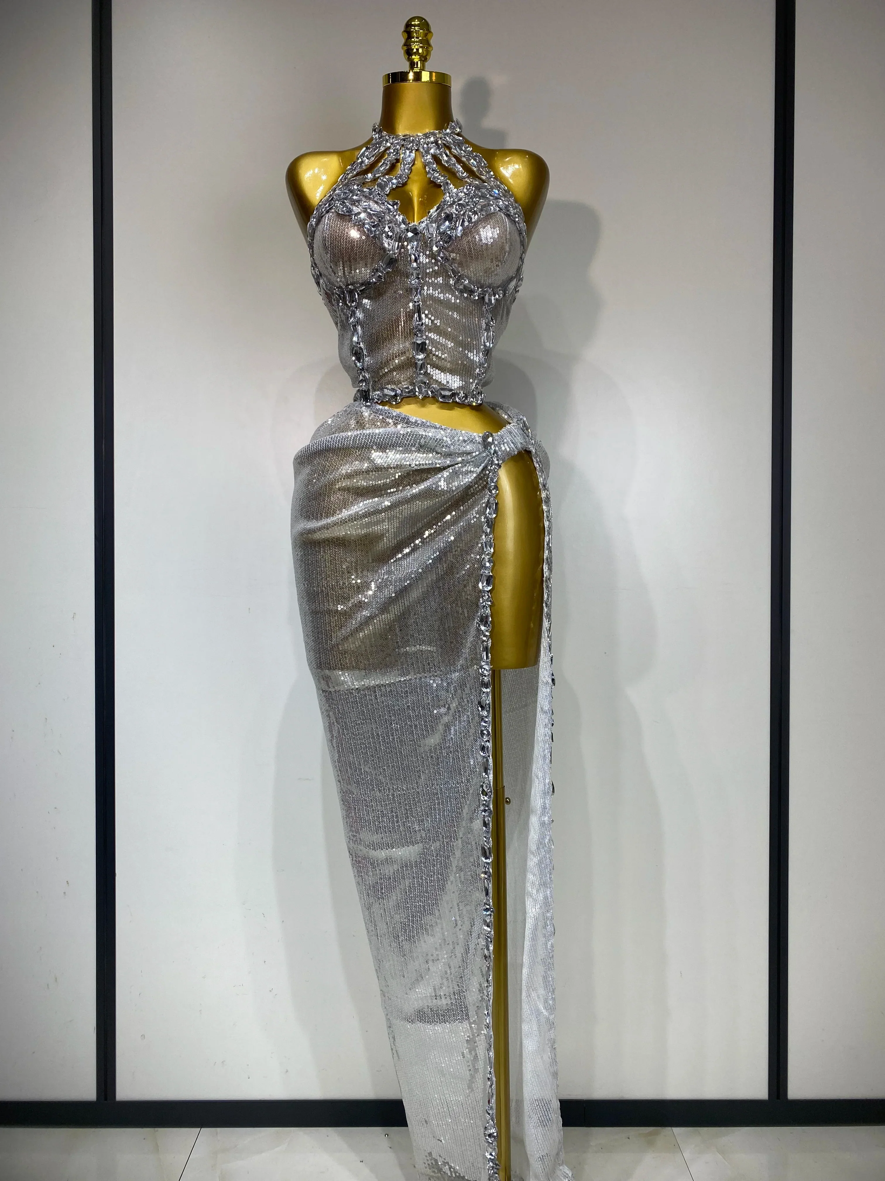 Women Sparkly Silver Rhinestones Top Long Skirt Two Pieces Set Singer Dancer Performance Costume Nightclub Stage Wear