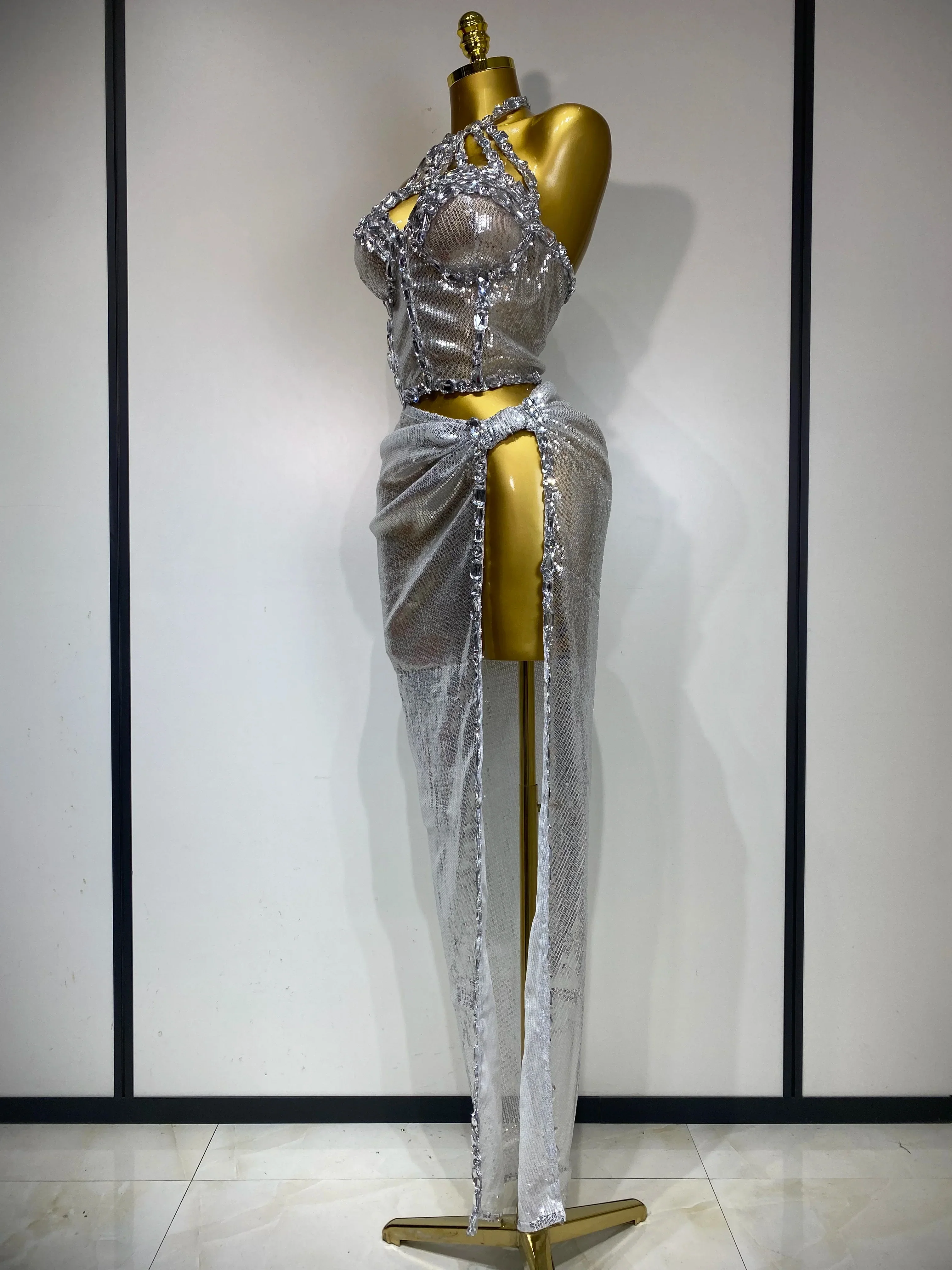 Women Sparkly Silver Rhinestones Top Long Skirt Two Pieces Set Singer Dancer Performance Costume Nightclub Stage Wear - Image 2