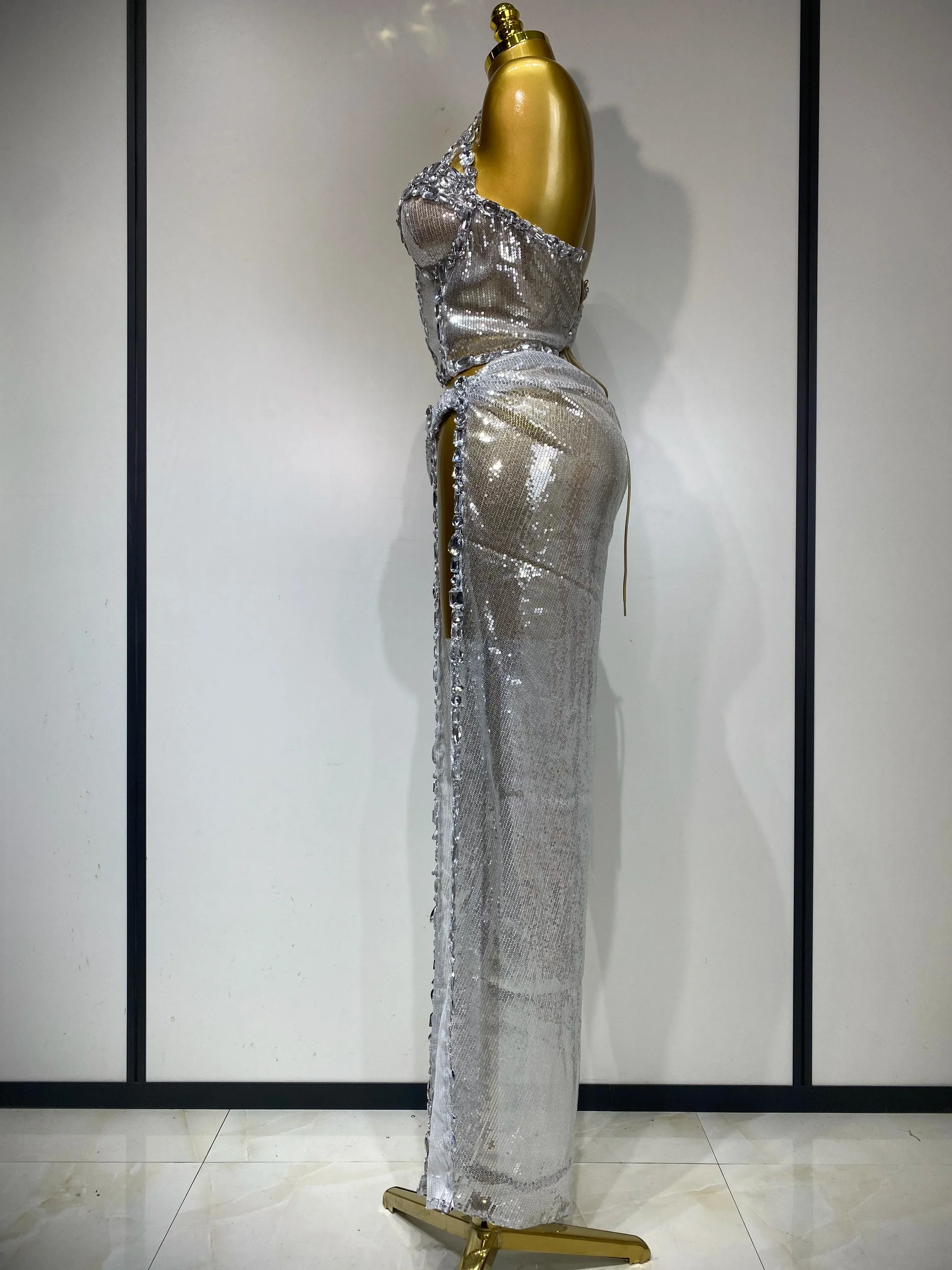Women Sparkly Silver Rhinestones Top Long Skirt Two Pieces Set Singer Dancer Performance Costume Nightclub Stage Wear - Image 3