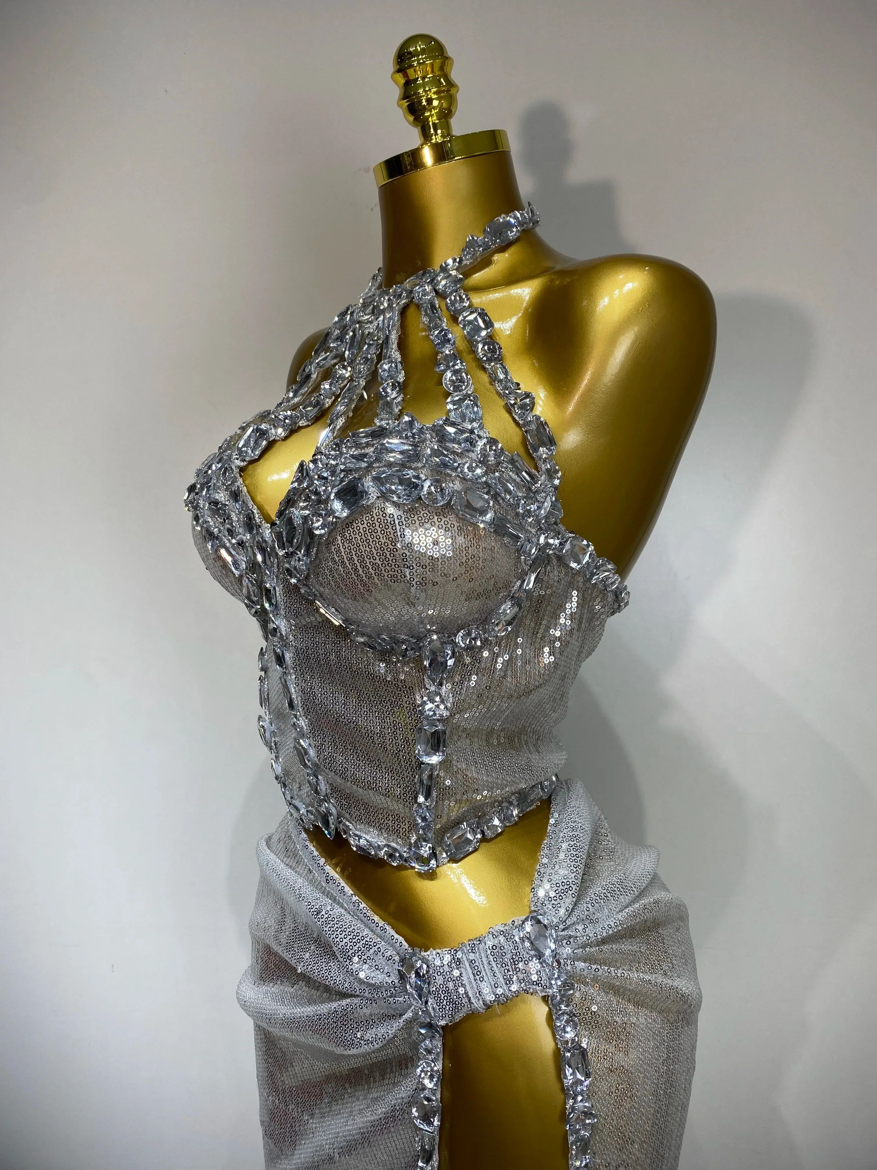 Women Sparkly Silver Rhinestones Top Long Skirt Two Pieces Set Singer Dancer Performance Costume Nightclub Stage Wear - Image 5
