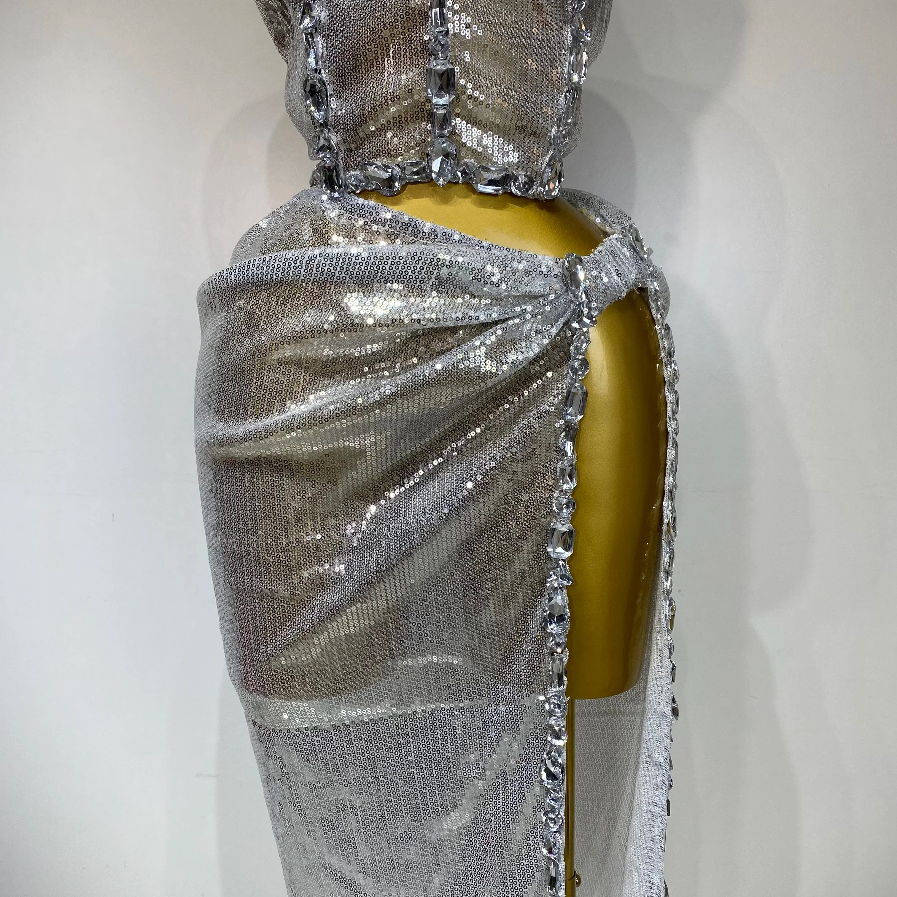 Women Sparkly Silver Rhinestones Top Long Skirt Two Pieces Set Singer Dancer Performance Costume Nightclub Stage Wear - Image 6