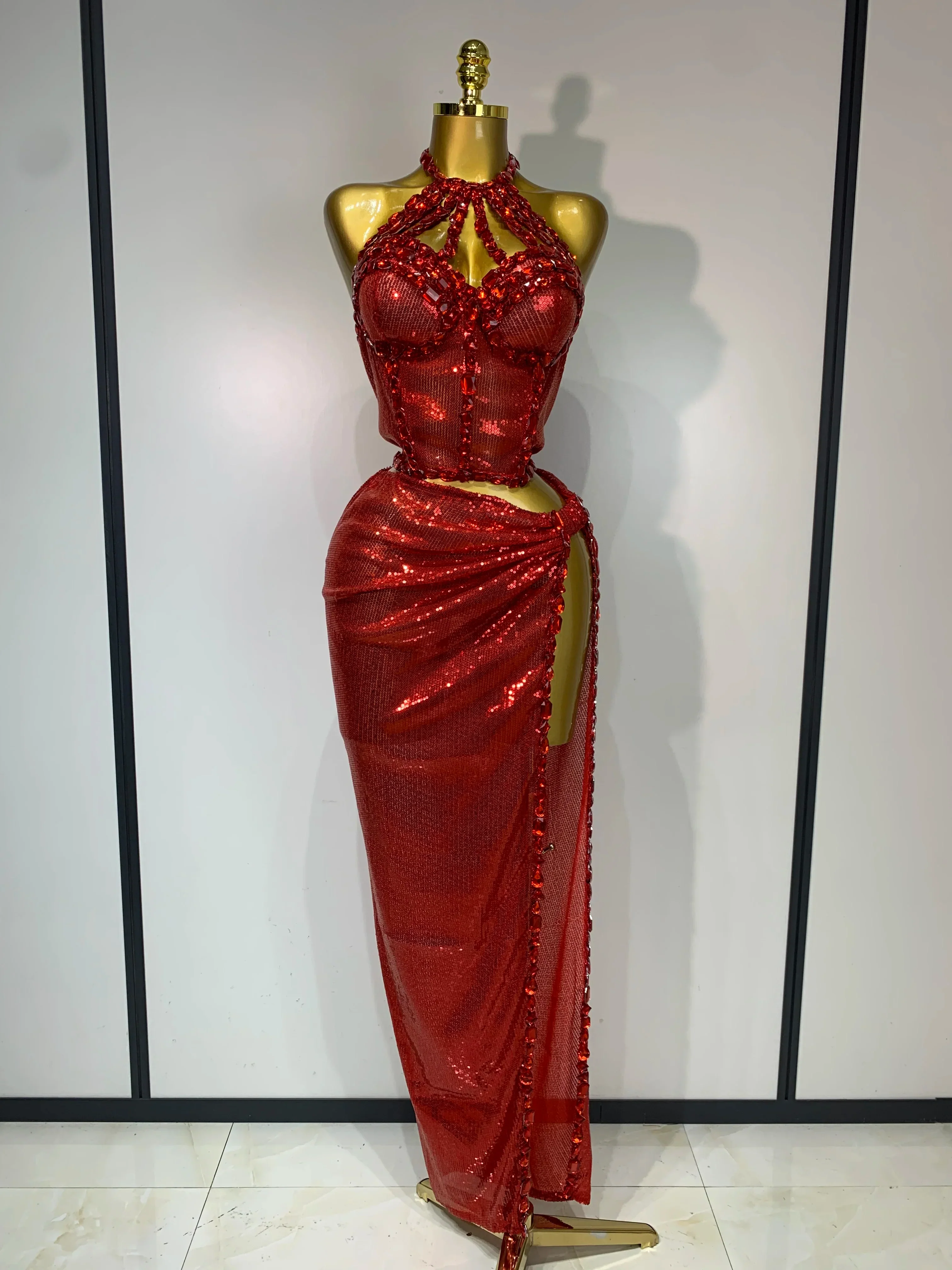 Women Sparkly Silver Rhinestones Top Long Skirt Two Pieces Set Singer Dancer Performance Costume Nightclub Stage Wear - Image 7
