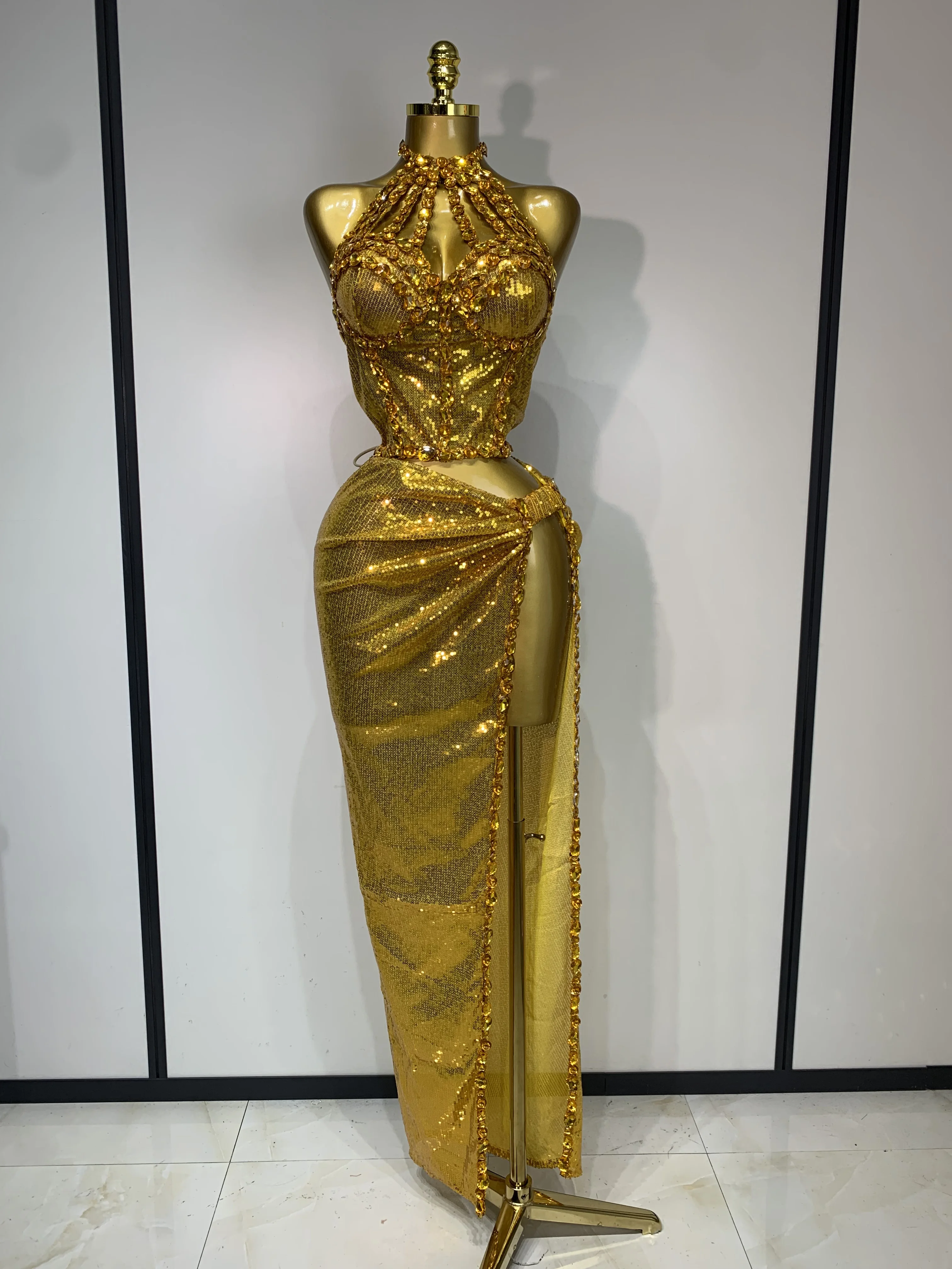 Women Sparkly Silver Rhinestones Top Long Skirt Two Pieces Set Singer Dancer Performance Costume Nightclub Stage Wear - Image 8