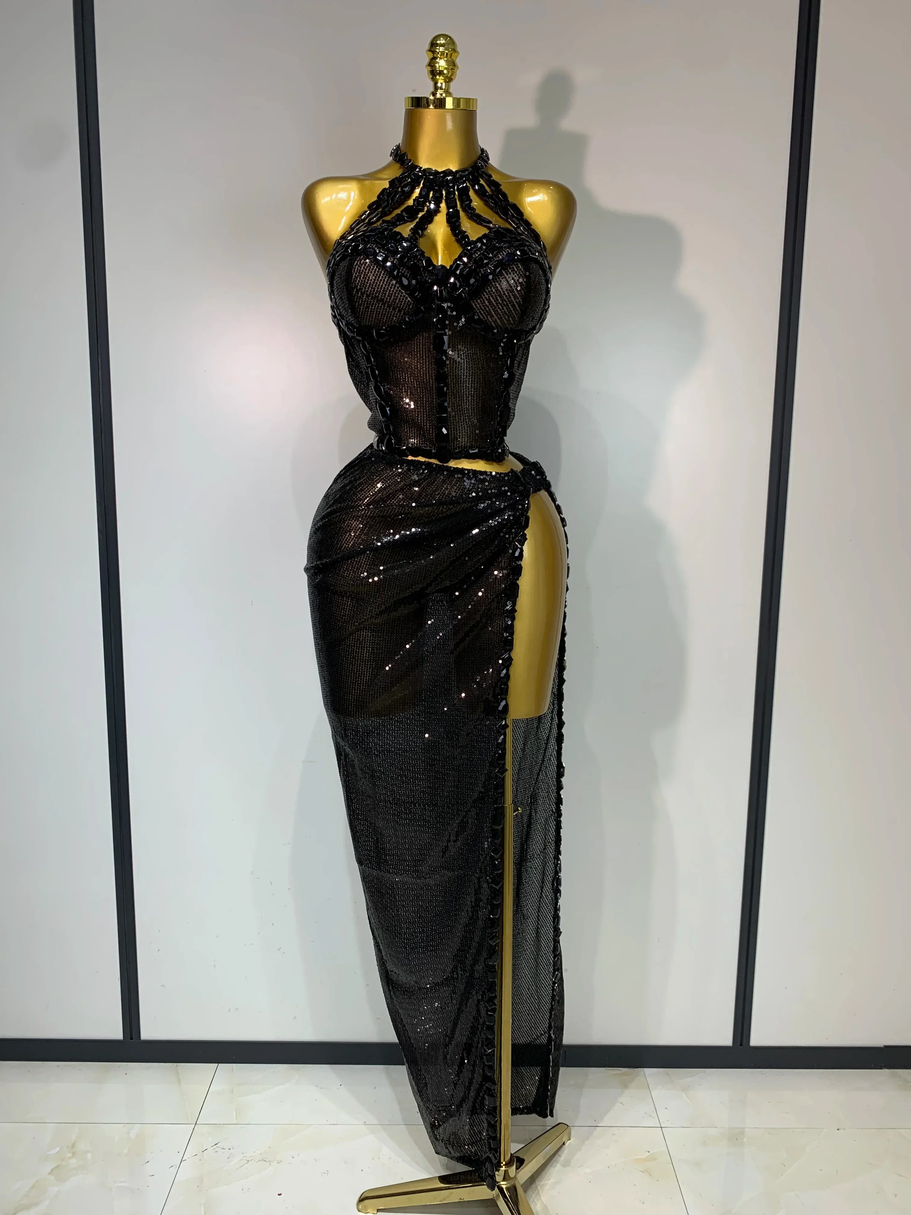 Women Sparkly Silver Rhinestones Top Long Skirt Two Pieces Set Singer Dancer Performance Costume Nightclub Stage Wear - Image 9