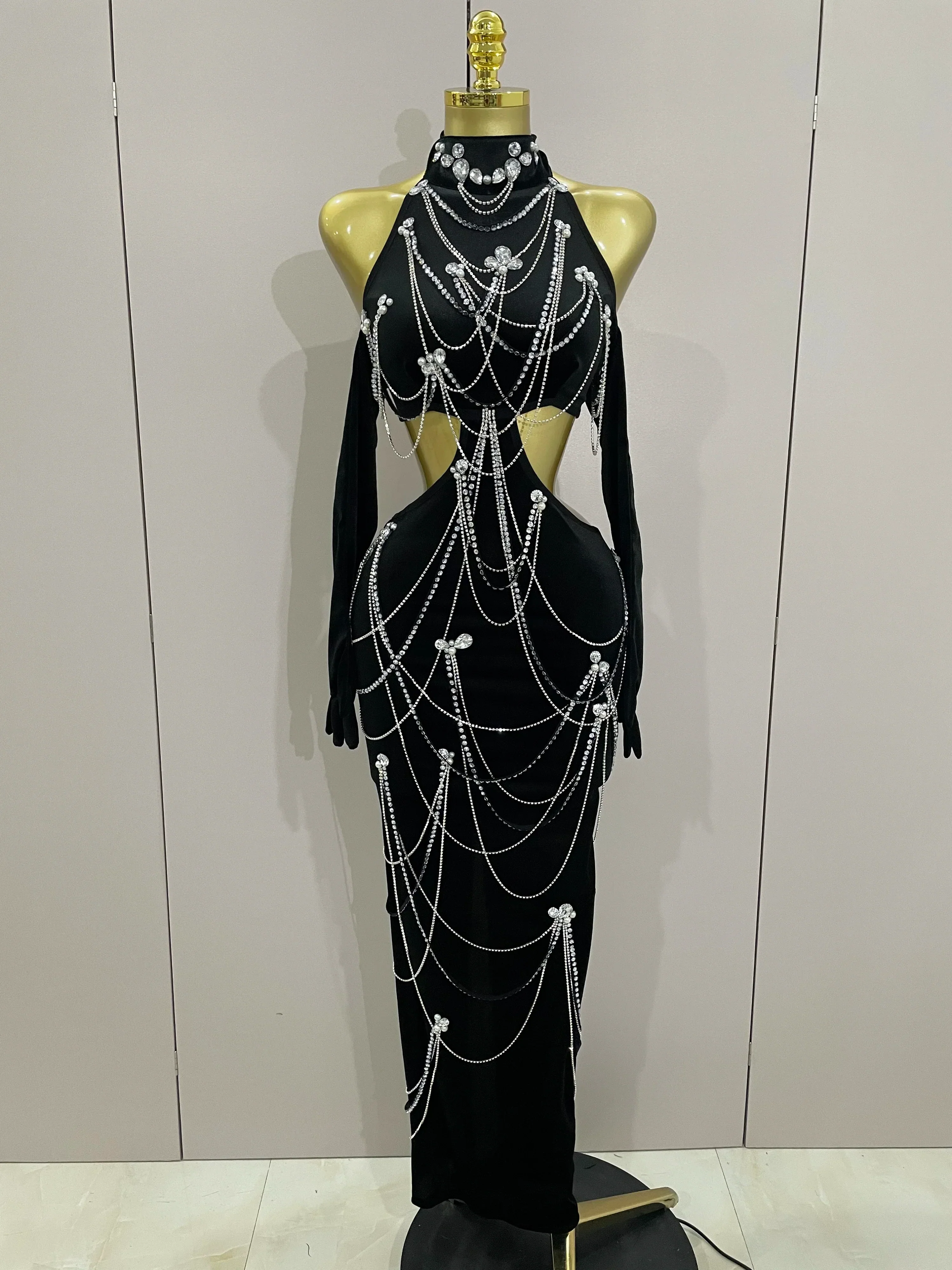 Women Sparkly Diamonds Tassels Chain Balck Sexy Halter Backless Long Dress Evening Birthday Party Celebrate Stage Costume