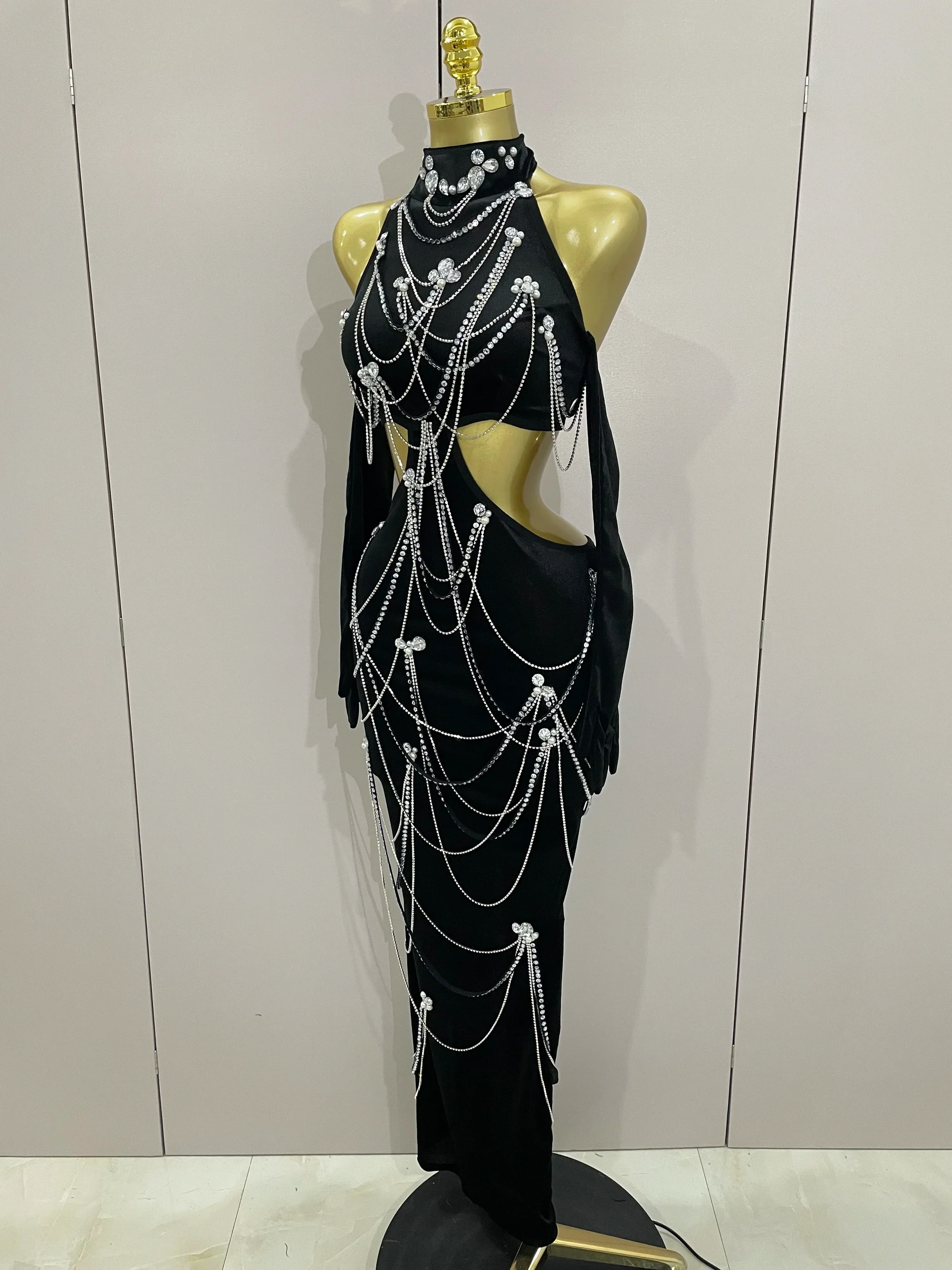 Women Sparkly Diamonds Tassels Chain Balck Sexy Halter Backless Long Dress Evening Birthday Party Celebrate Stage Costume - Image 2