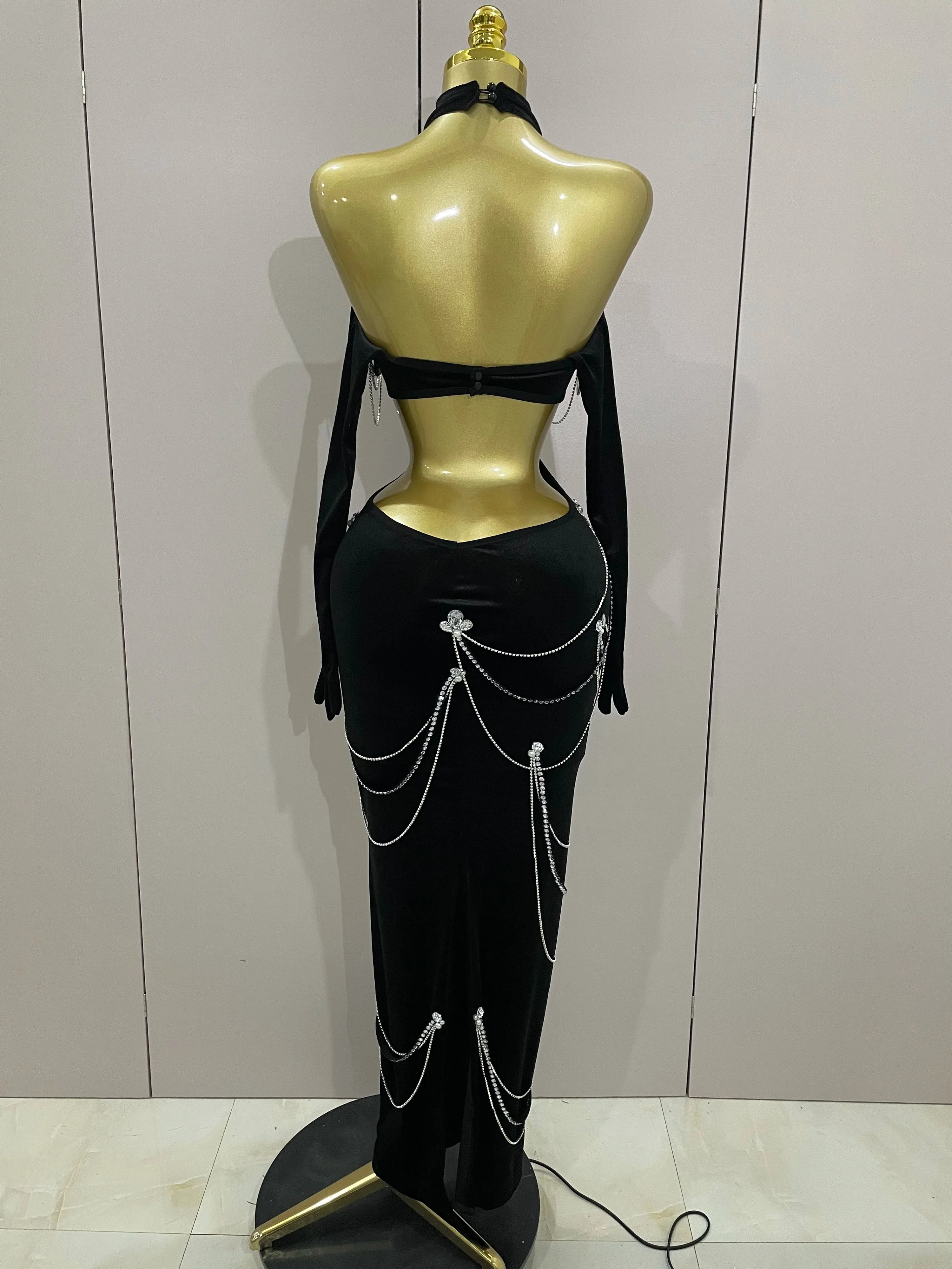 Women Sparkly Diamonds Tassels Chain Balck Sexy Halter Backless Long Dress Evening Birthday Party Celebrate Stage Costume - Image 3