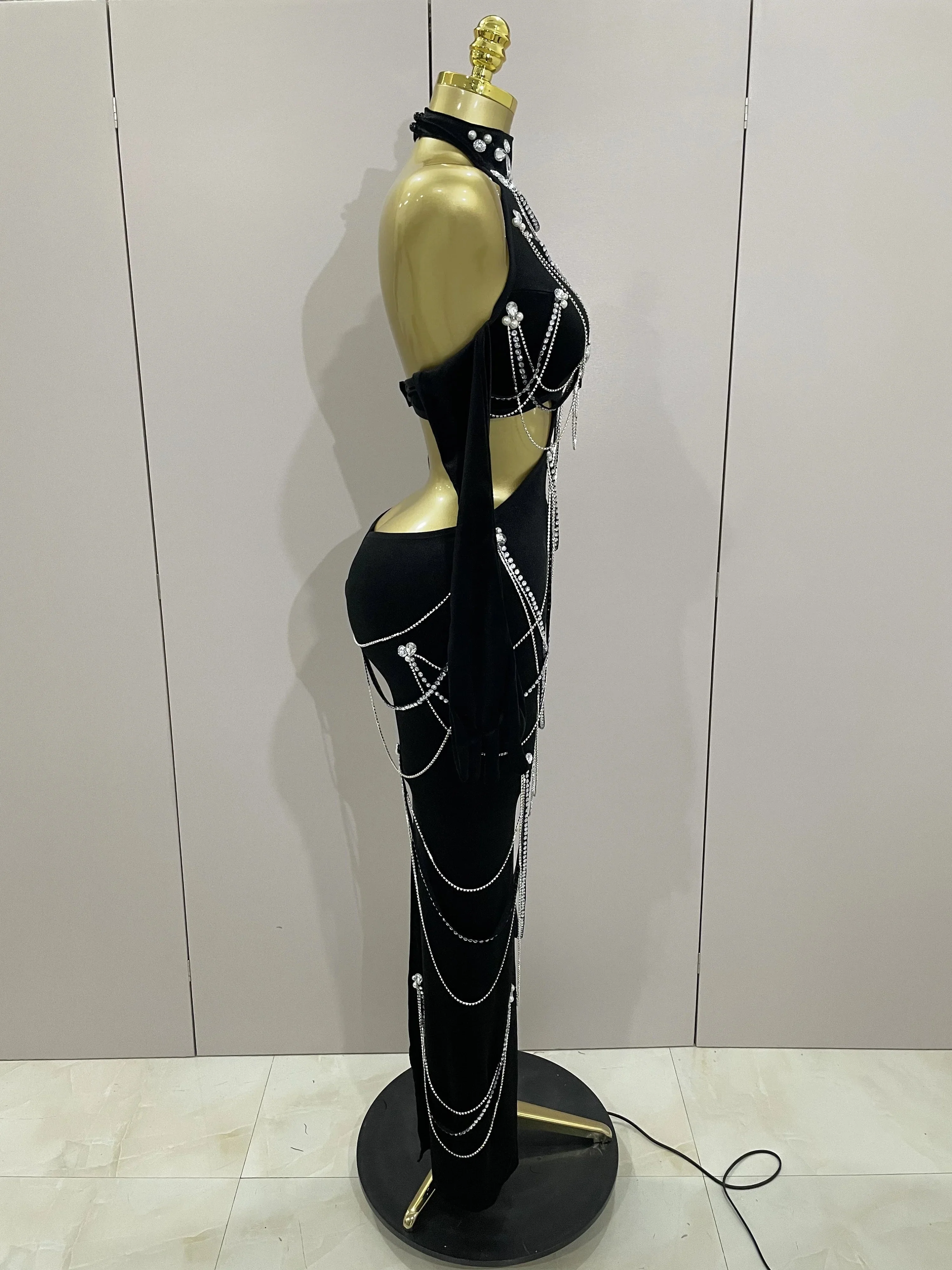 Women Sparkly Diamonds Tassels Chain Balck Sexy Halter Backless Long Dress Evening Birthday Party Celebrate Stage Costume - Image 4