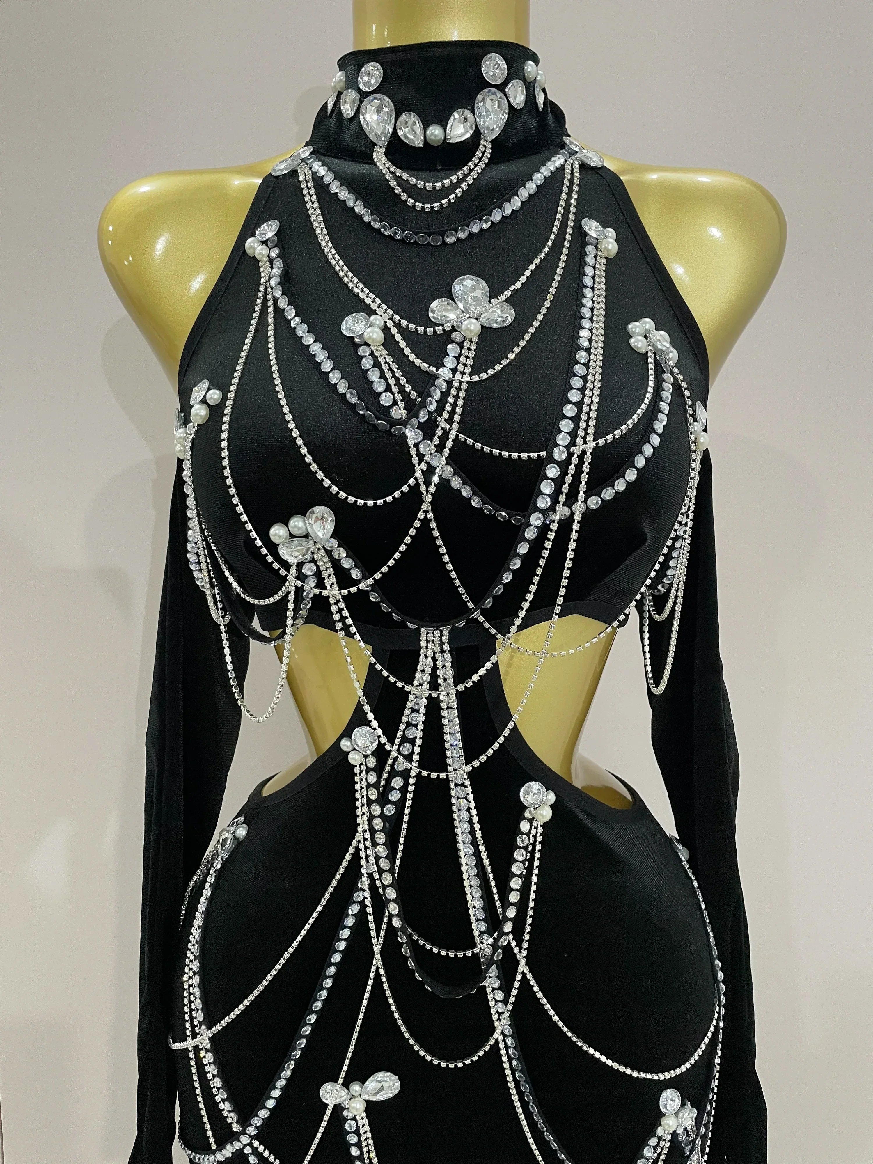 Women Sparkly Diamonds Tassels Chain Balck Sexy Halter Backless Long Dress Evening Birthday Party Celebrate Stage Costume - Image 5