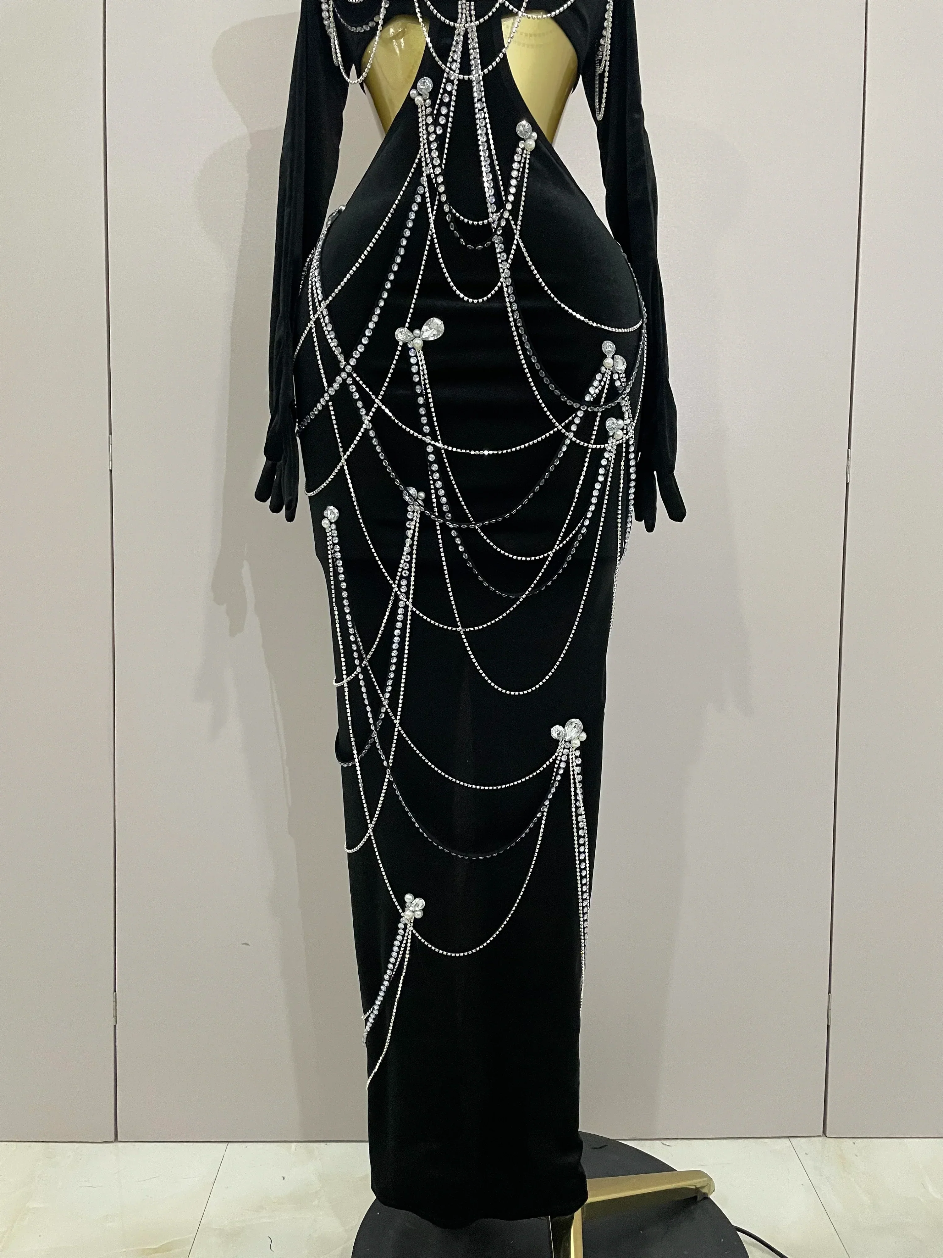 Women Sparkly Diamonds Tassels Chain Balck Sexy Halter Backless Long Dress Evening Birthday Party Celebrate Stage Costume - Image 6
