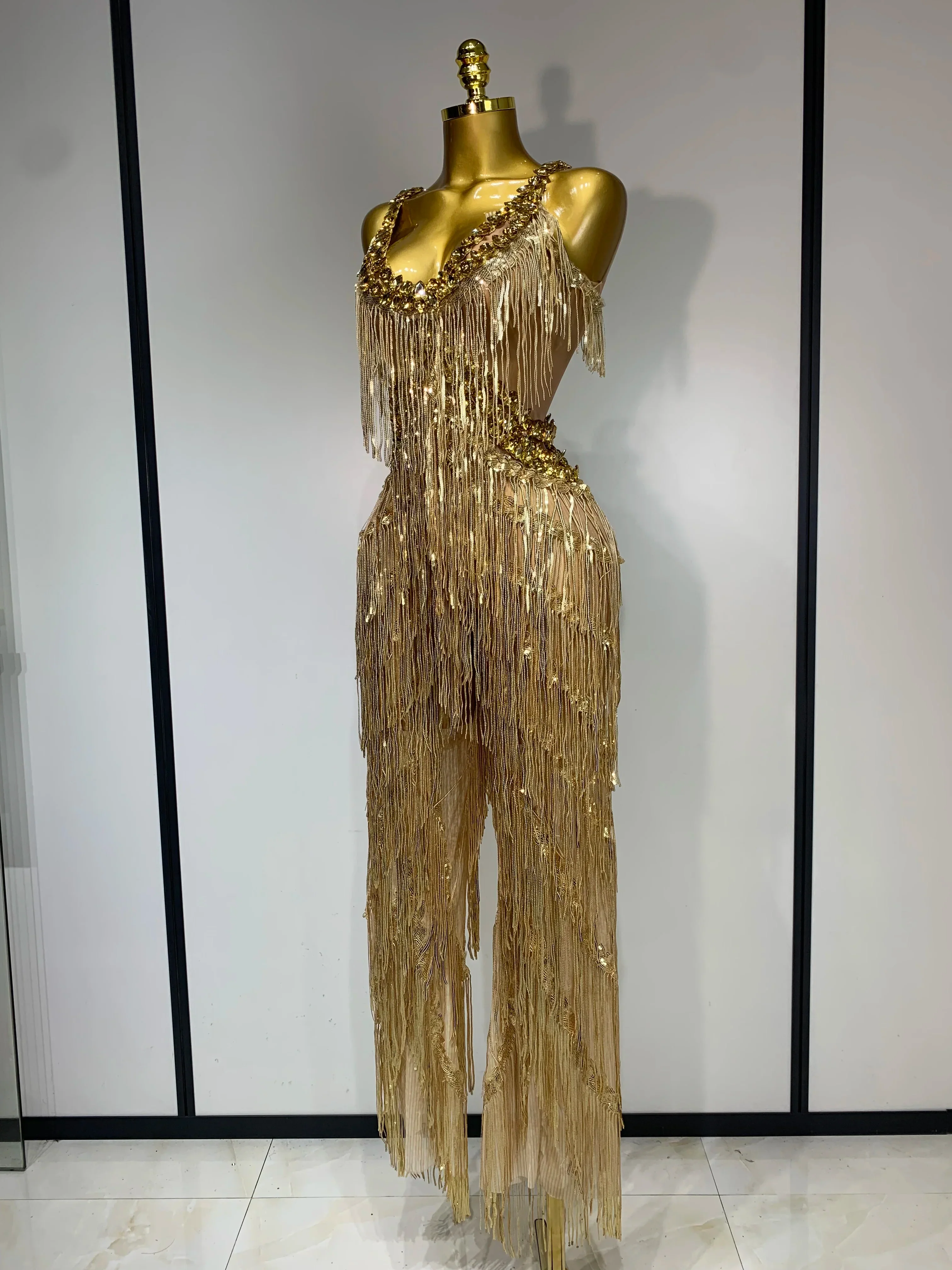 Women Sparkly Glod Rhinestones Sequined Fringe jumpsuit Sexy Nightclub Party Birthday Outfit Show Singer Stage Perform Costume - Image 2
