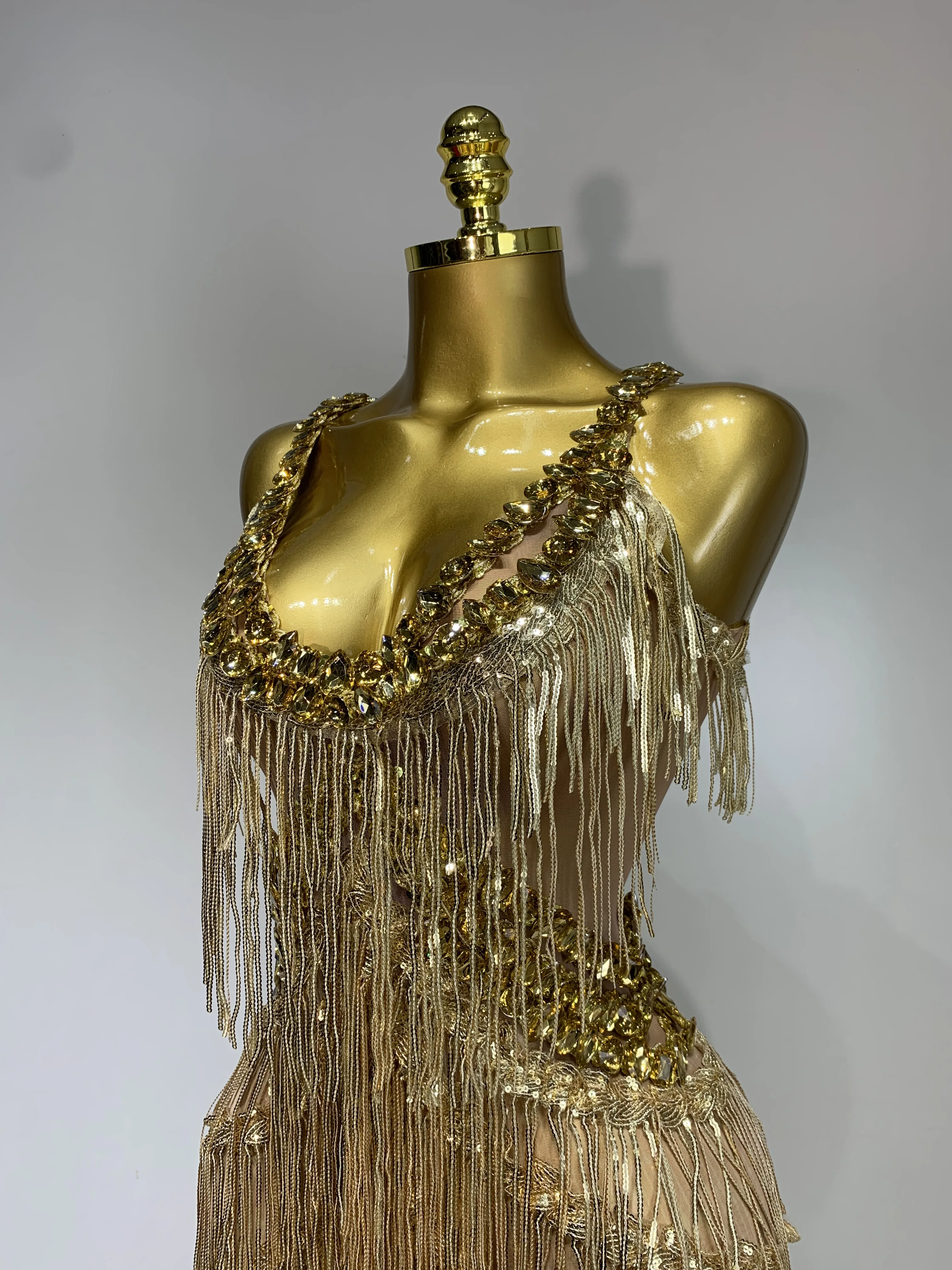 Women Sparkly Glod Rhinestones Sequined Fringe jumpsuit Sexy Nightclub Party Birthday Outfit Show Singer Stage Perform Costume - Image 5