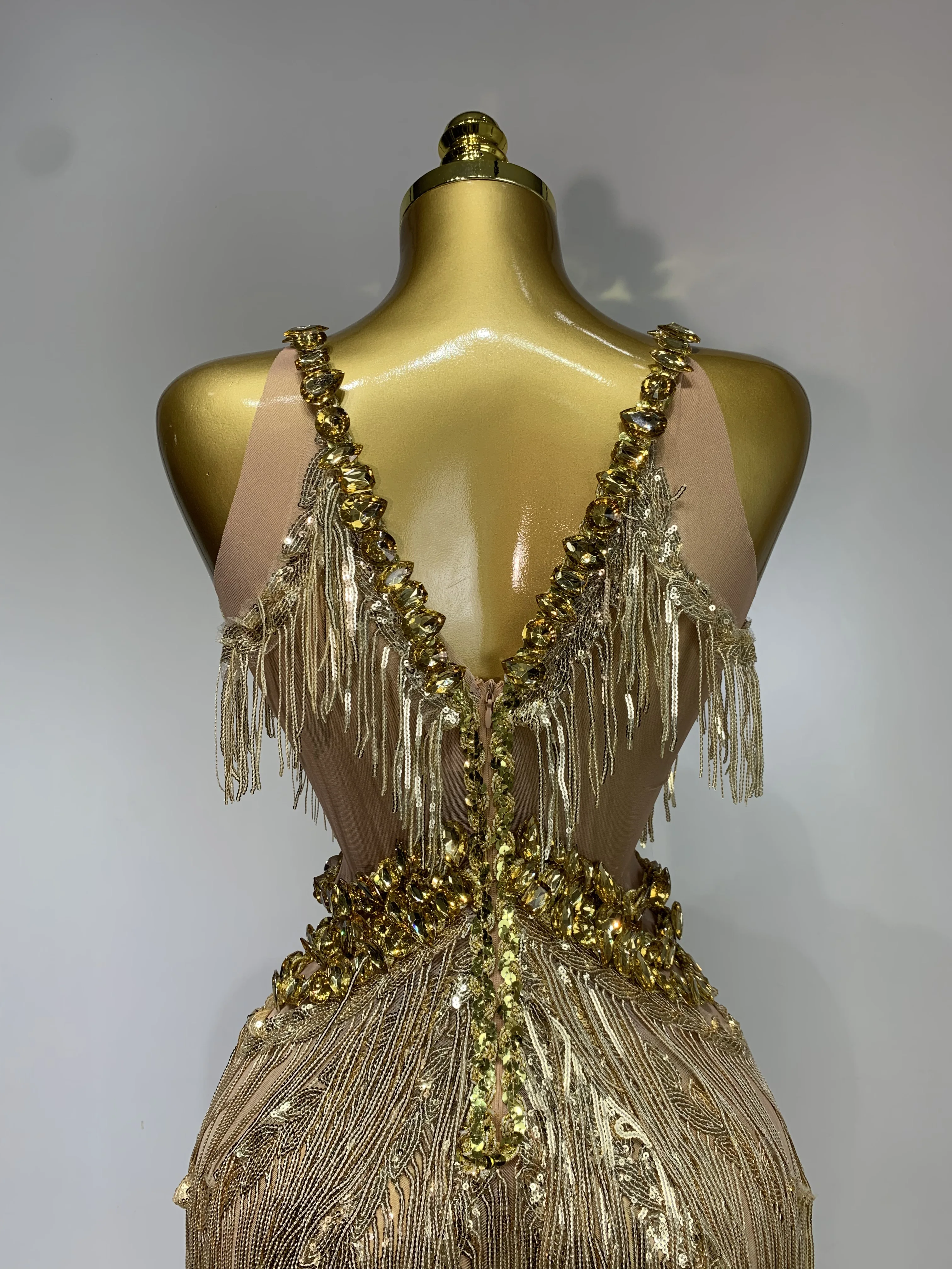 Women Sparkly Glod Rhinestones Sequined Fringe jumpsuit Sexy Nightclub Party Birthday Outfit Show Singer Stage Perform Costume - Image 6