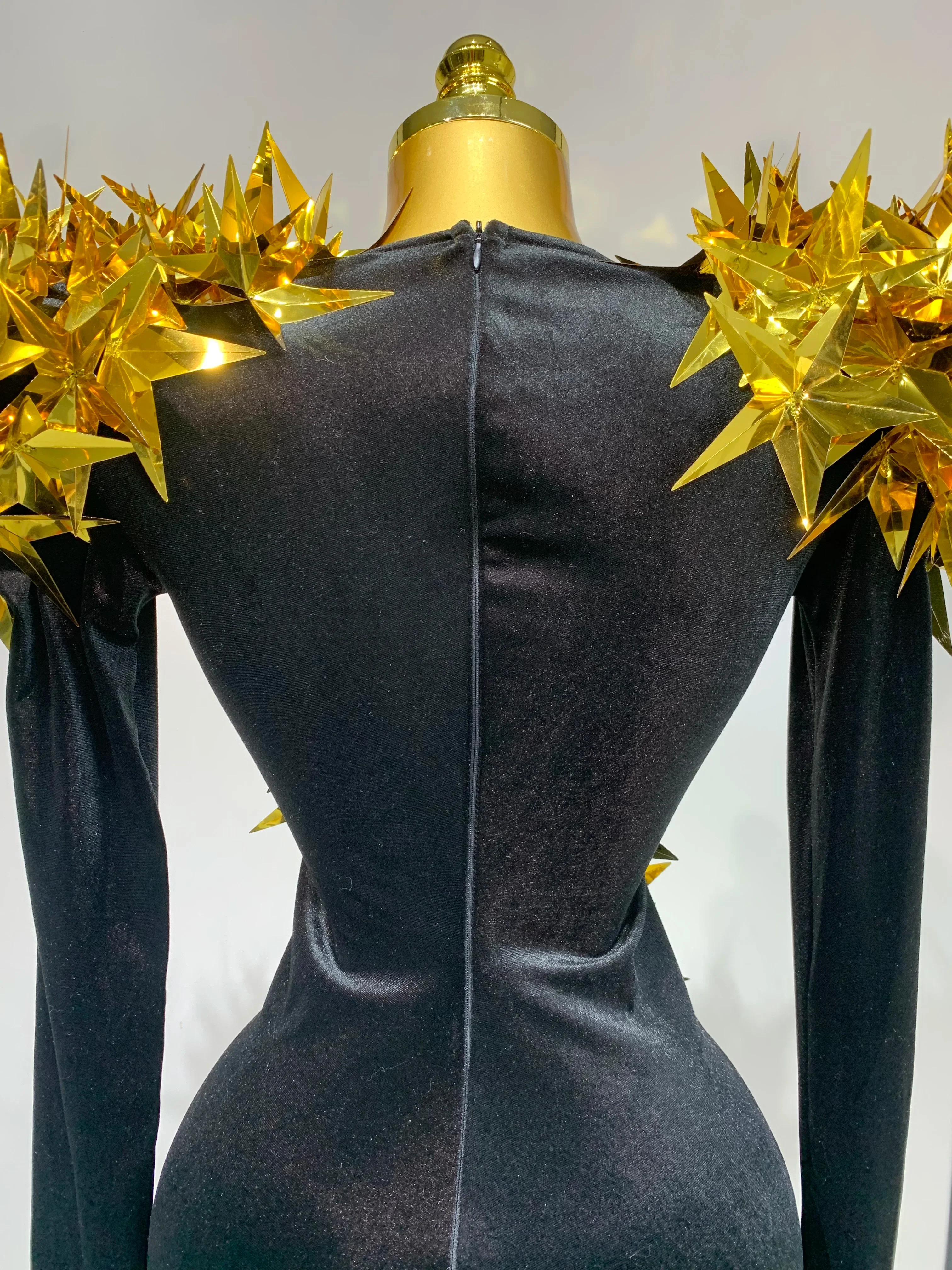 Women Sparkly Gold Rhinestone Black Velvet Long Sleeve Bodysuit Evening Party Club Gala Hosts Night Club Bar Stage Costumes - Image 6