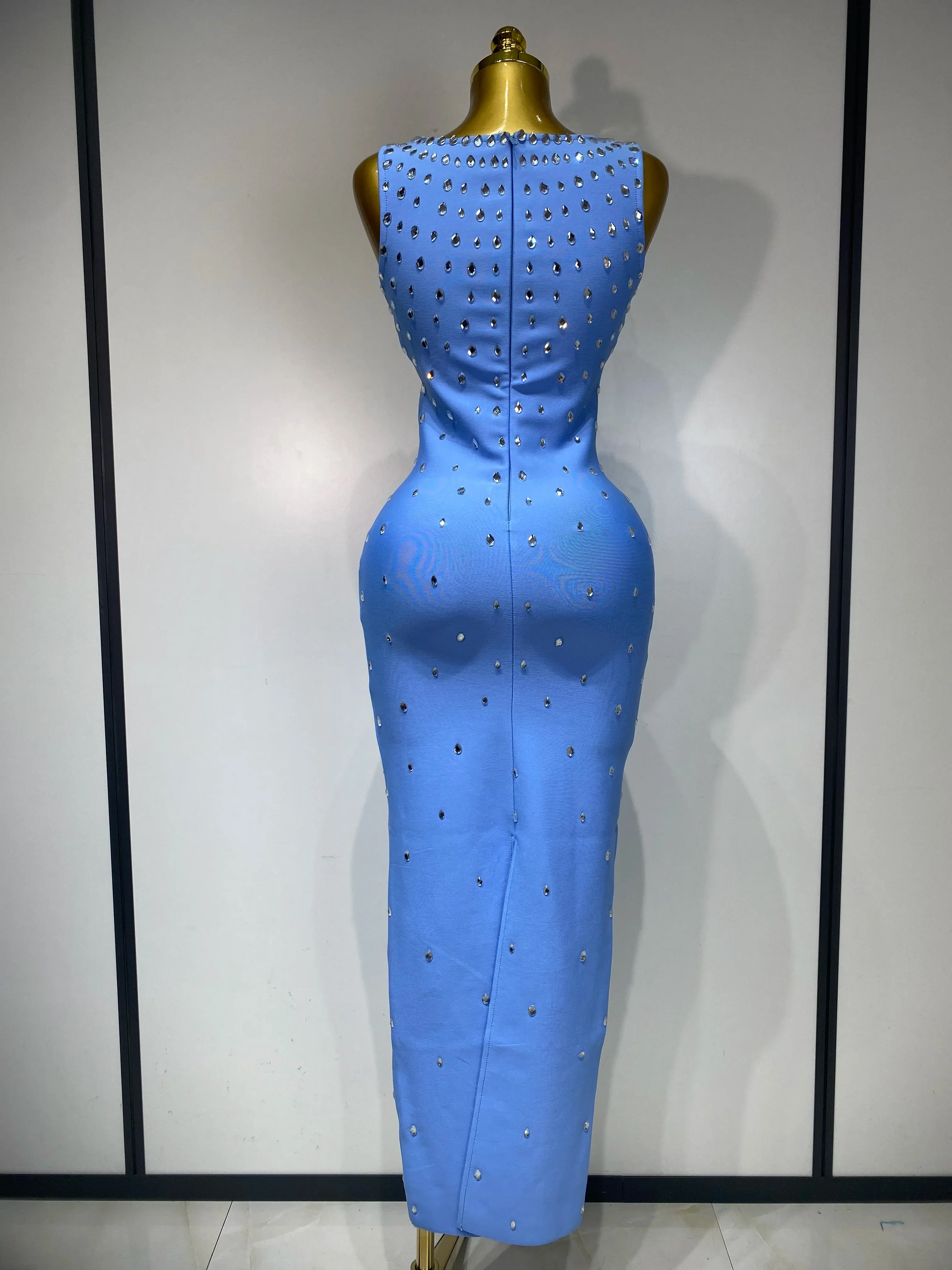 Women Sparkly Rhinestone Bandage Long Dress Elastic Sleeveless Bodycon High Street Evening Club Party Elegant Birthday Gowns - Image 4