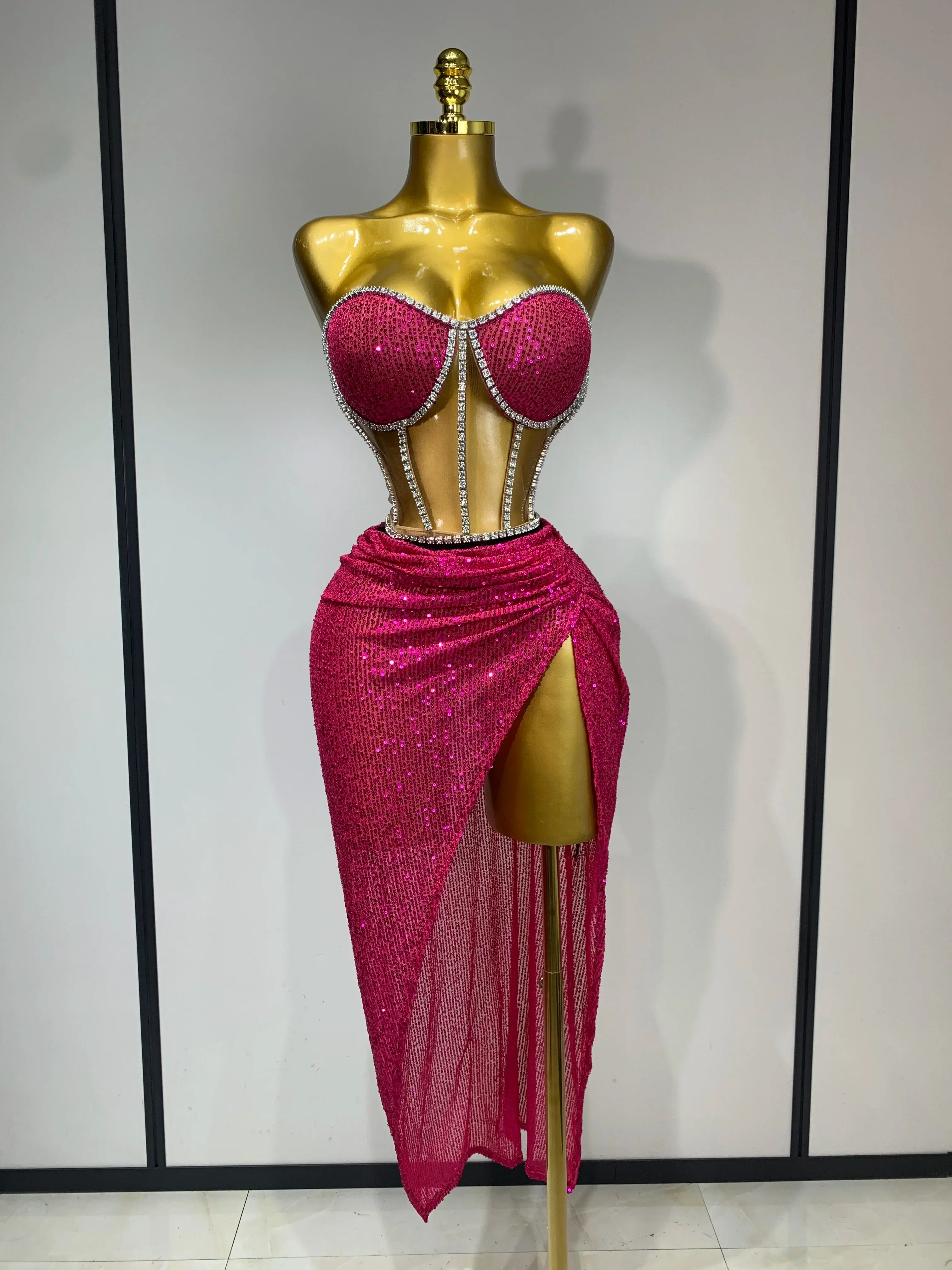 Women Sparkly Rhinestones Sequins Sexy Mesh Two Piece Set Evening Birthday Party Dress Nightclub Stage Performance Costumes