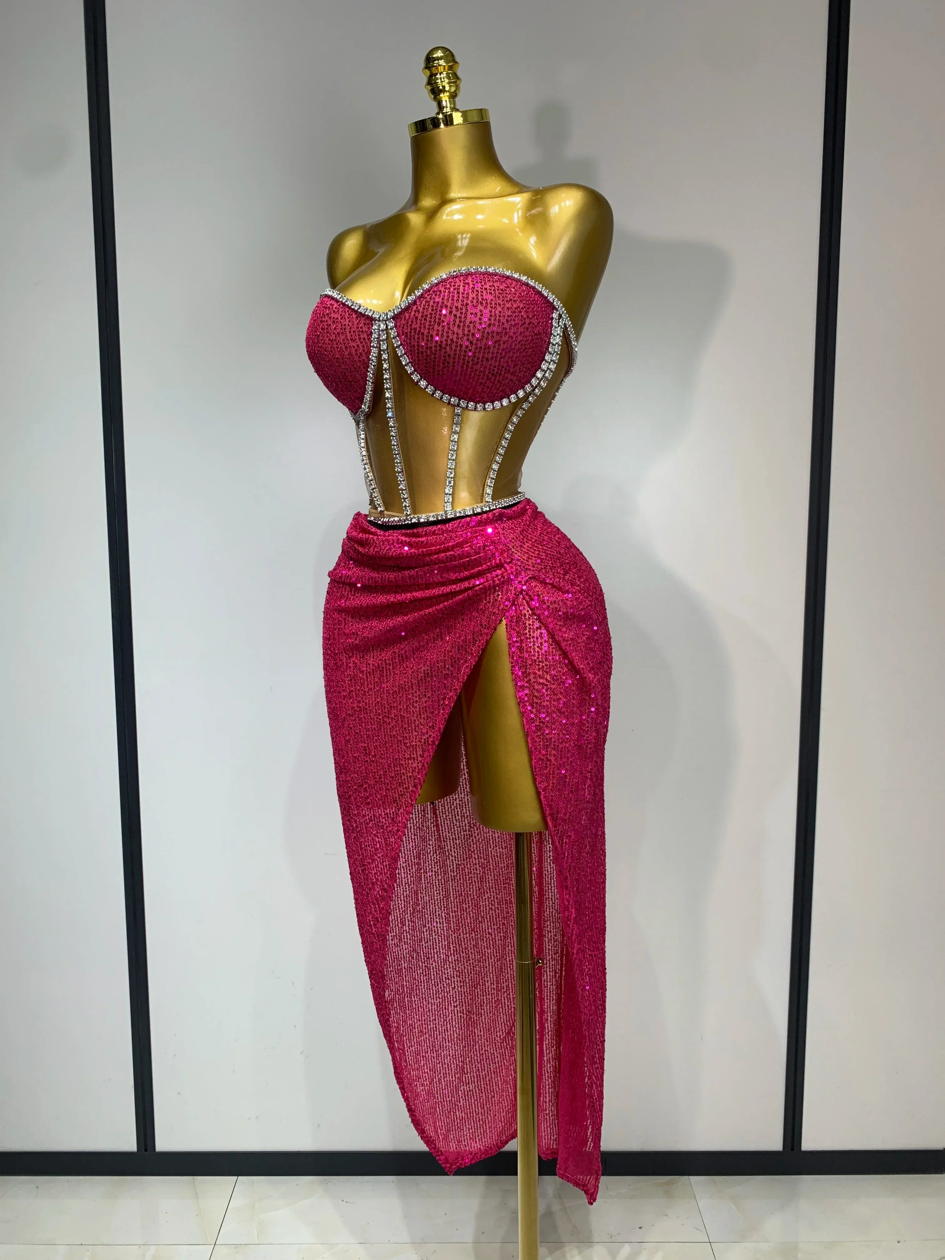 Women Sparkly Rhinestones Sequins Sexy Mesh Two Piece Set Evening Birthday Party Dress Nightclub Stage Performance Costumes - Image 2