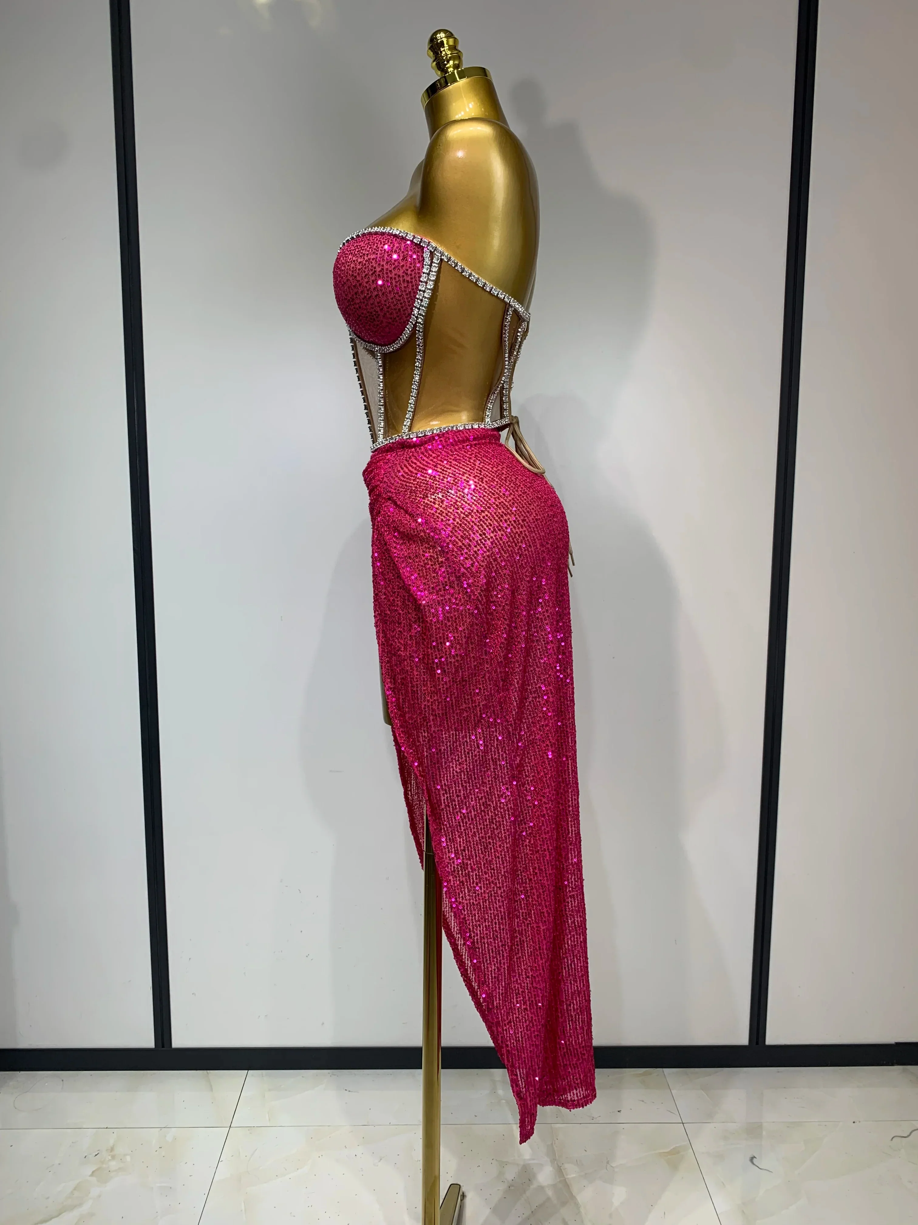 Women Sparkly Rhinestones Sequins Sexy Mesh Two Piece Set Evening Birthday Party Dress Nightclub Stage Performance Costumes - Image 3