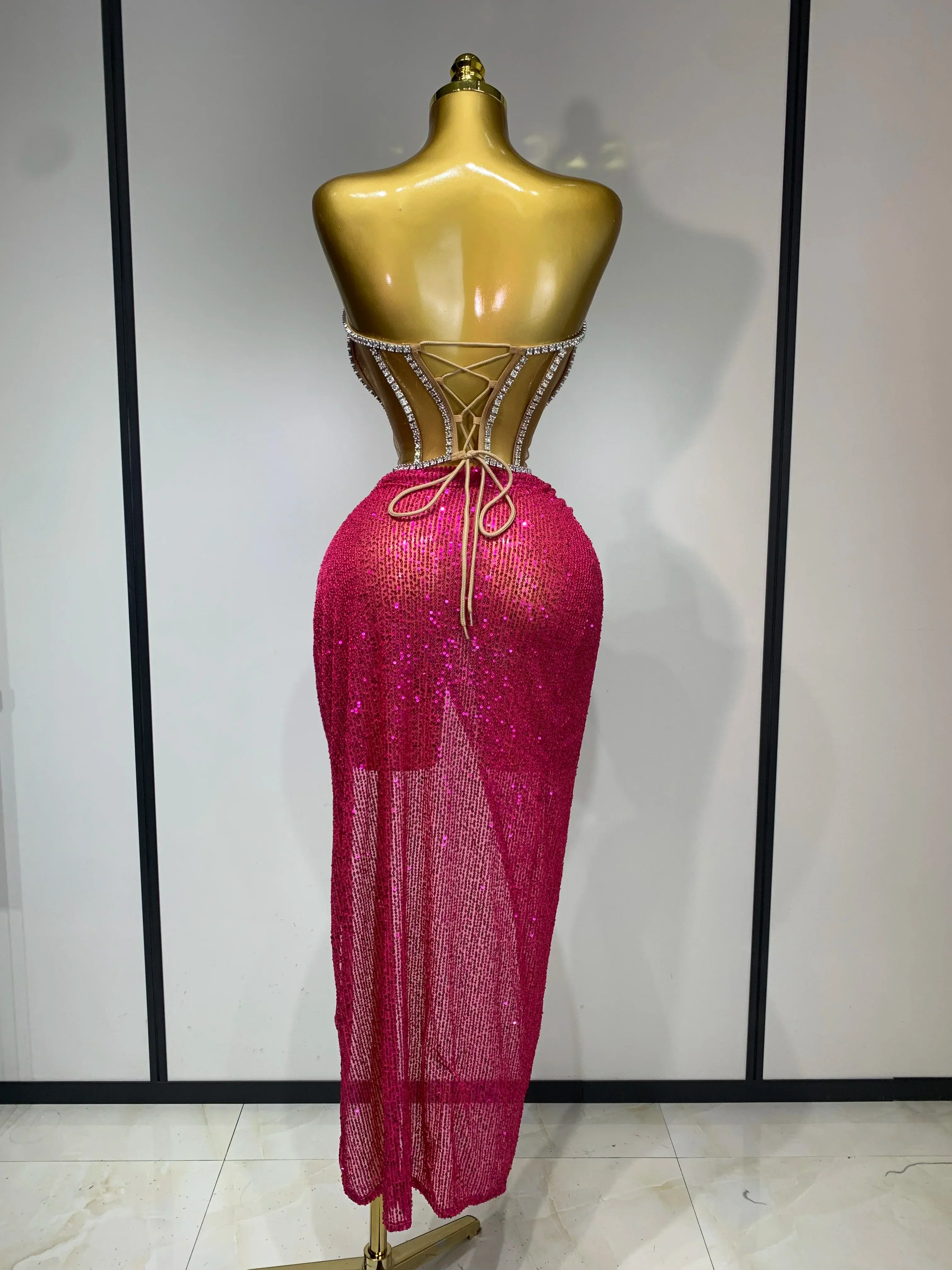 Women Sparkly Rhinestones Sequins Sexy Mesh Two Piece Set Evening Birthday Party Dress Nightclub Stage Performance Costumes - Image 4