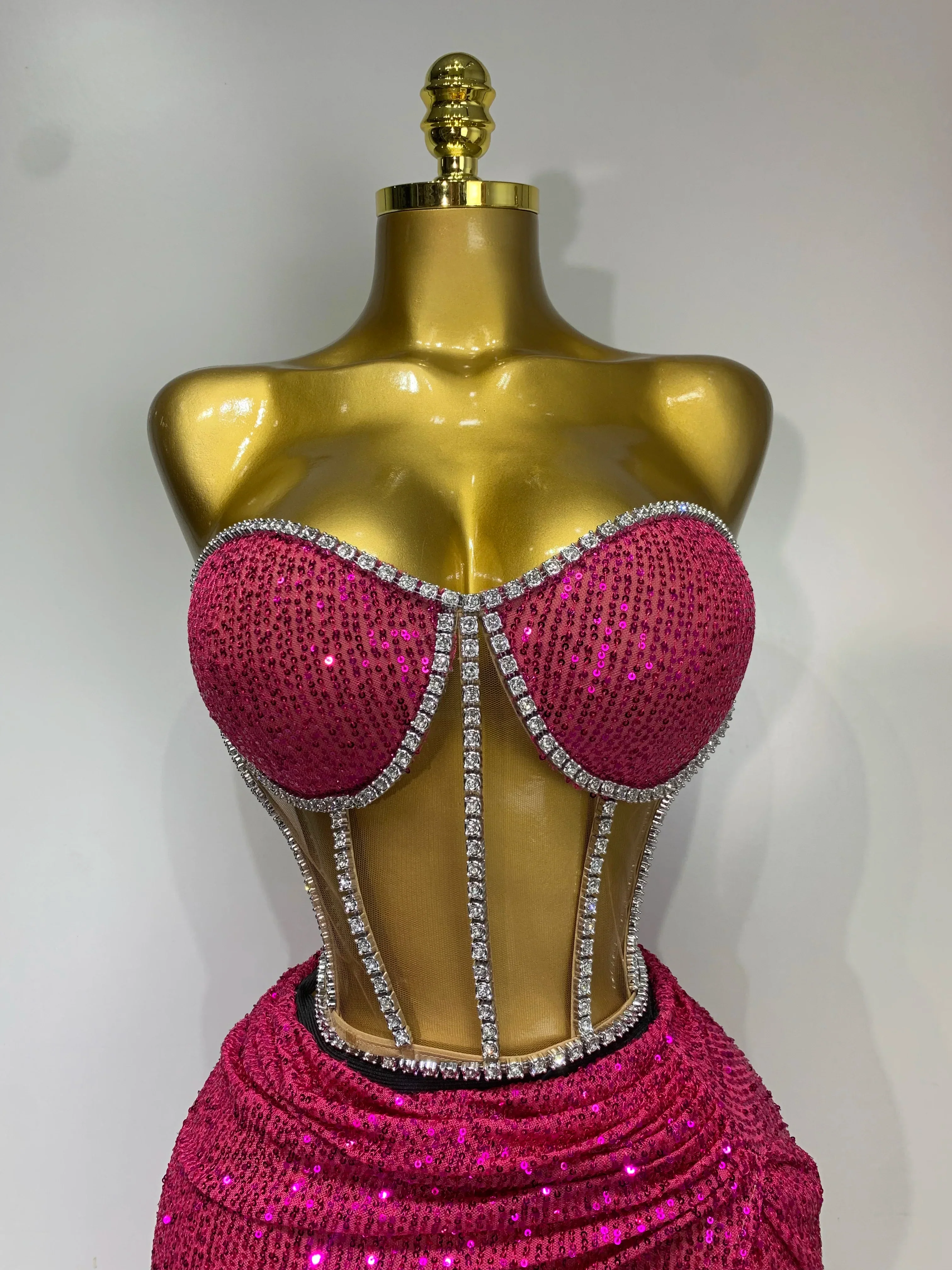 Women Sparkly Rhinestones Sequins Sexy Mesh Two Piece Set Evening Birthday Party Dress Nightclub Stage Performance Costumes - Image 5