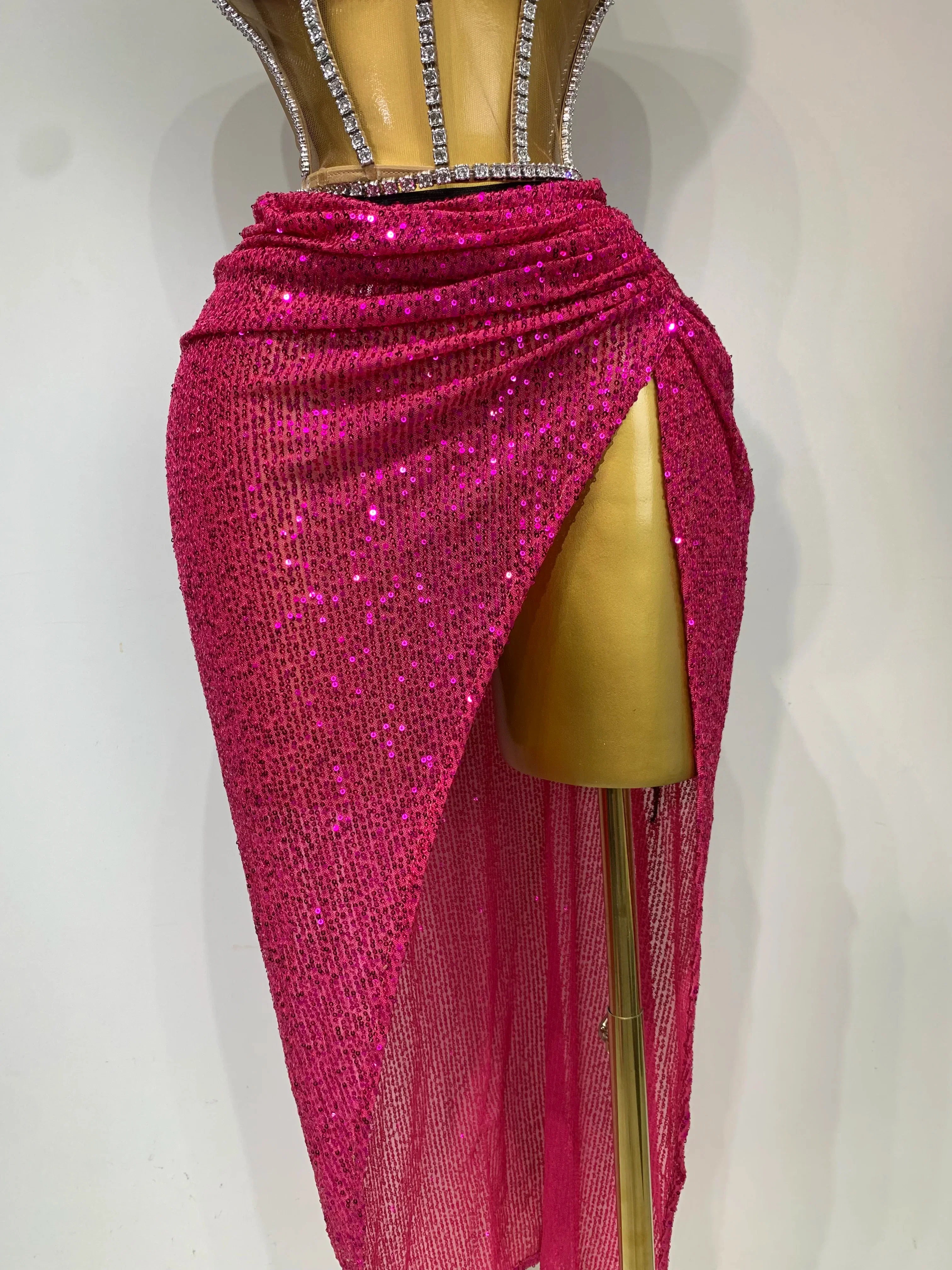 Women Sparkly Rhinestones Sequins Sexy Mesh Two Piece Set Evening Birthday Party Dress Nightclub Stage Performance Costumes - Image 6