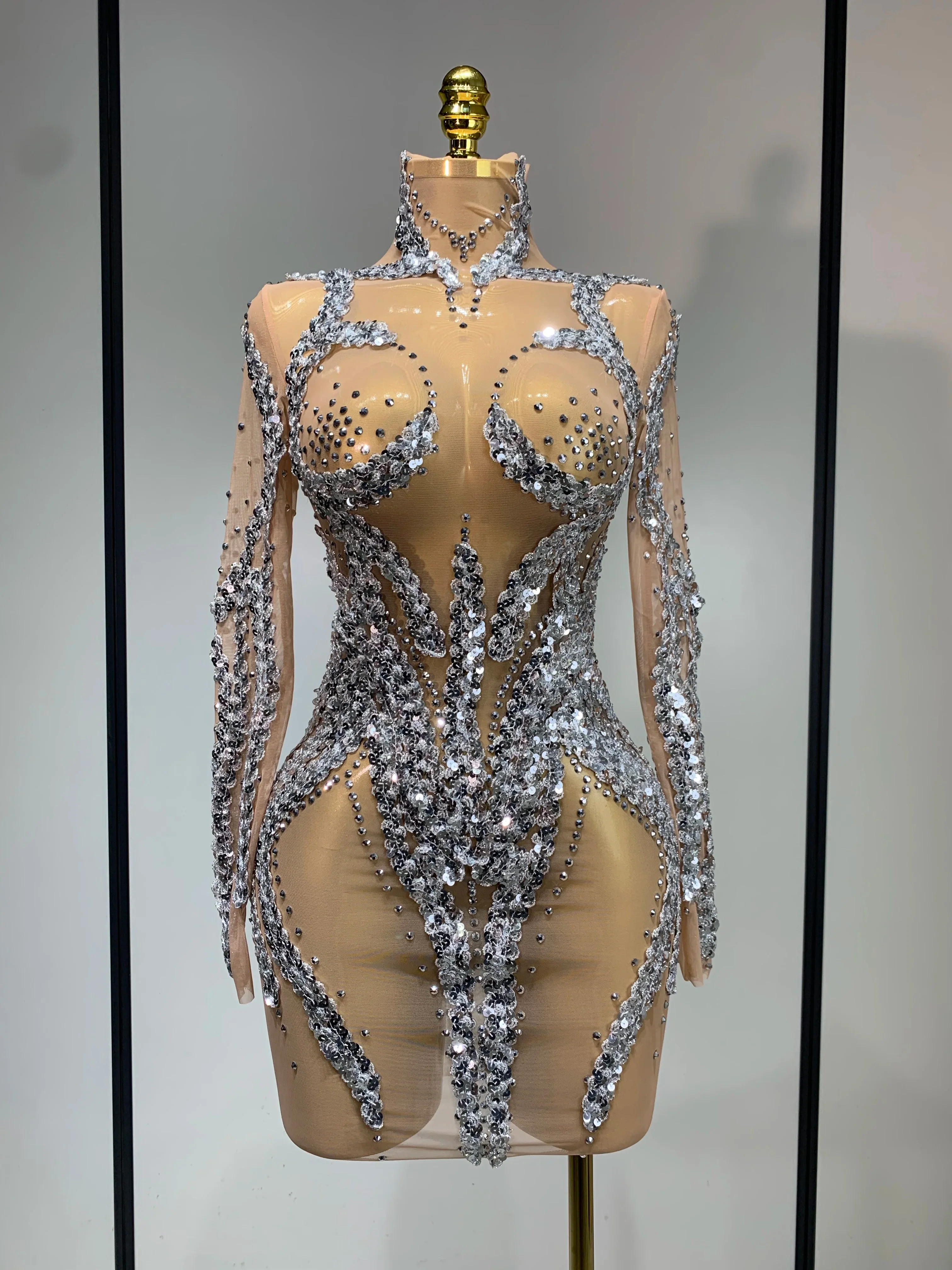 Women Sparkly Rhinestones Sexy Mesh Transparent Mini Dress Eveing Birthday Party Dance Nightclub Festival Show Stage Costumes