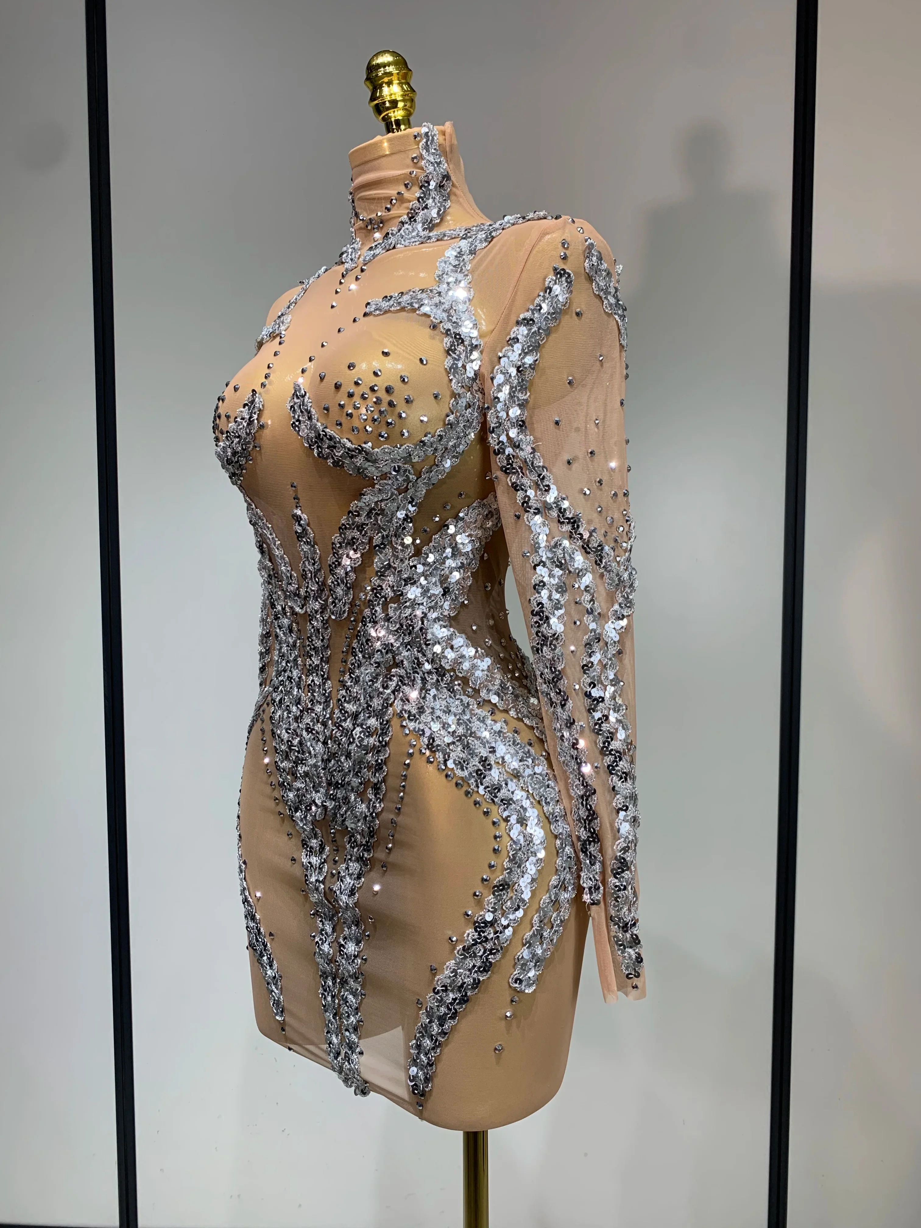 Women Sparkly Rhinestones Sexy Mesh Transparent Mini Dress Eveing Birthday Party Dance Nightclub Festival Show Stage Costumes - Image 2