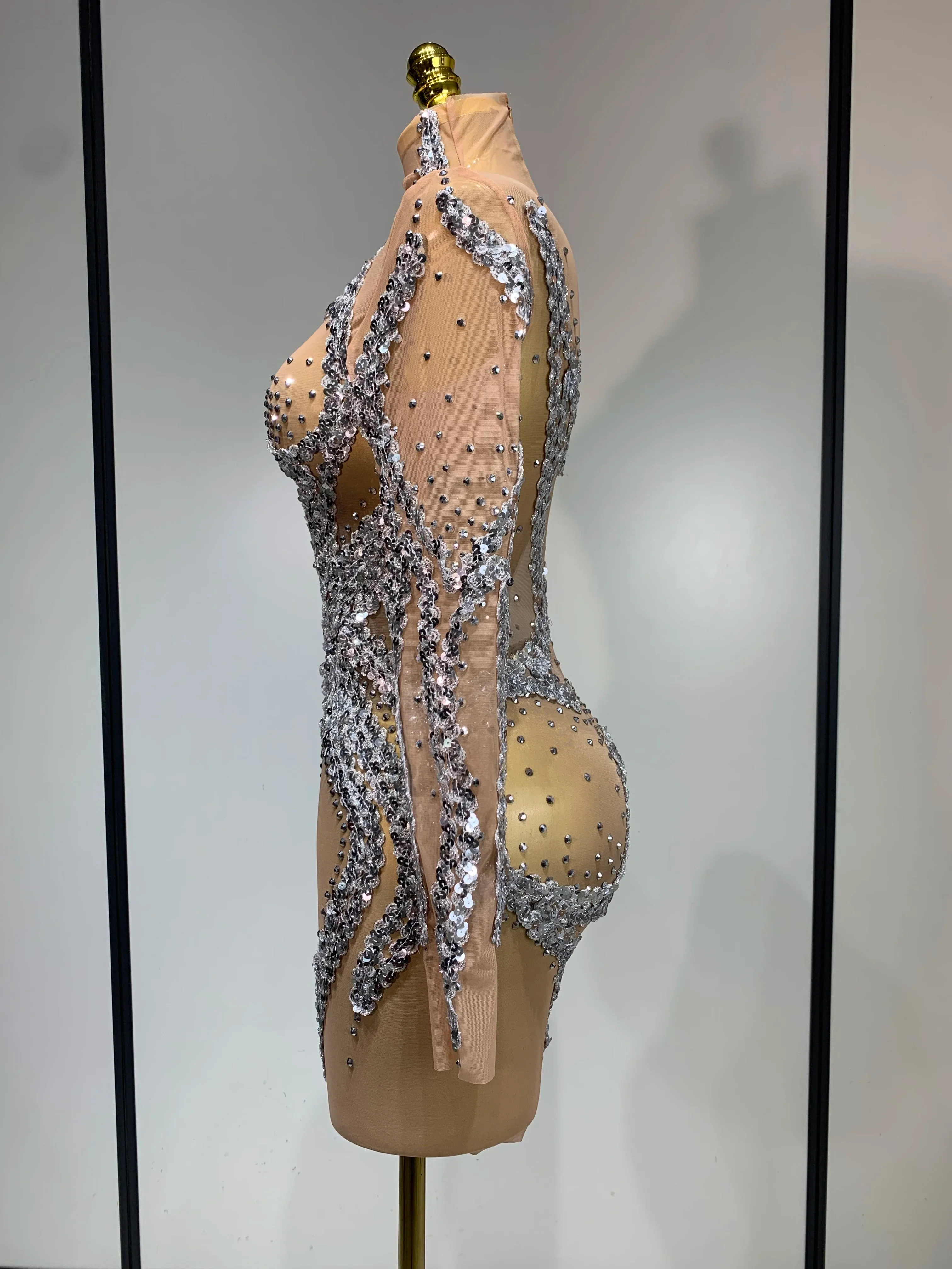 Women Sparkly Rhinestones Sexy Mesh Transparent Mini Dress Eveing Birthday Party Dance Nightclub Festival Show Stage Costumes - Image 3