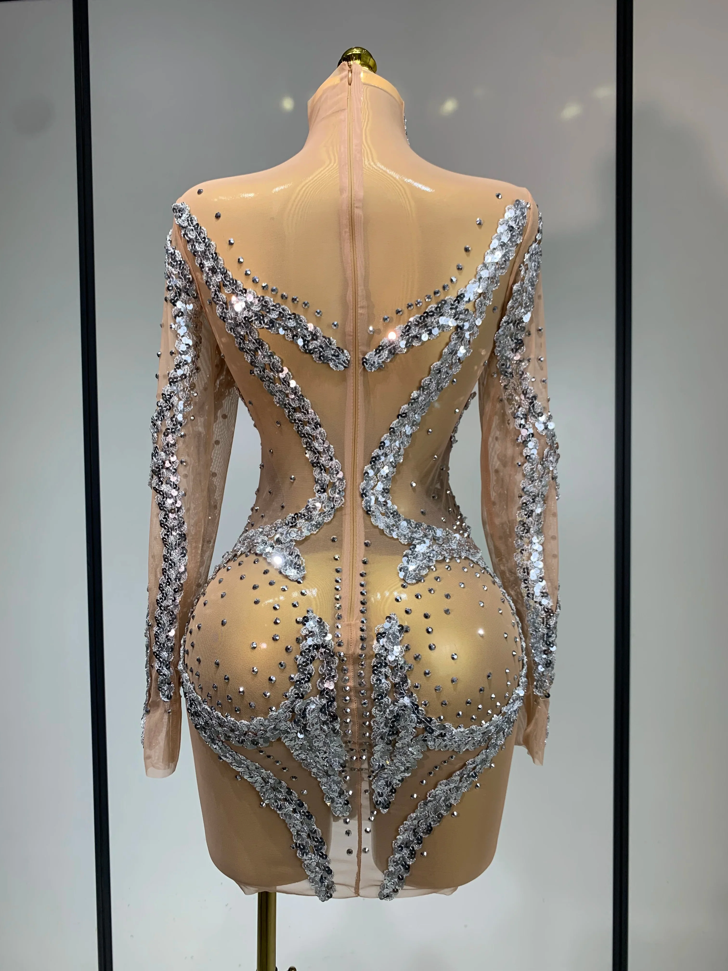Women Sparkly Rhinestones Sexy Mesh Transparent Mini Dress Eveing Birthday Party Dance Nightclub Festival Show Stage Costumes - Image 4