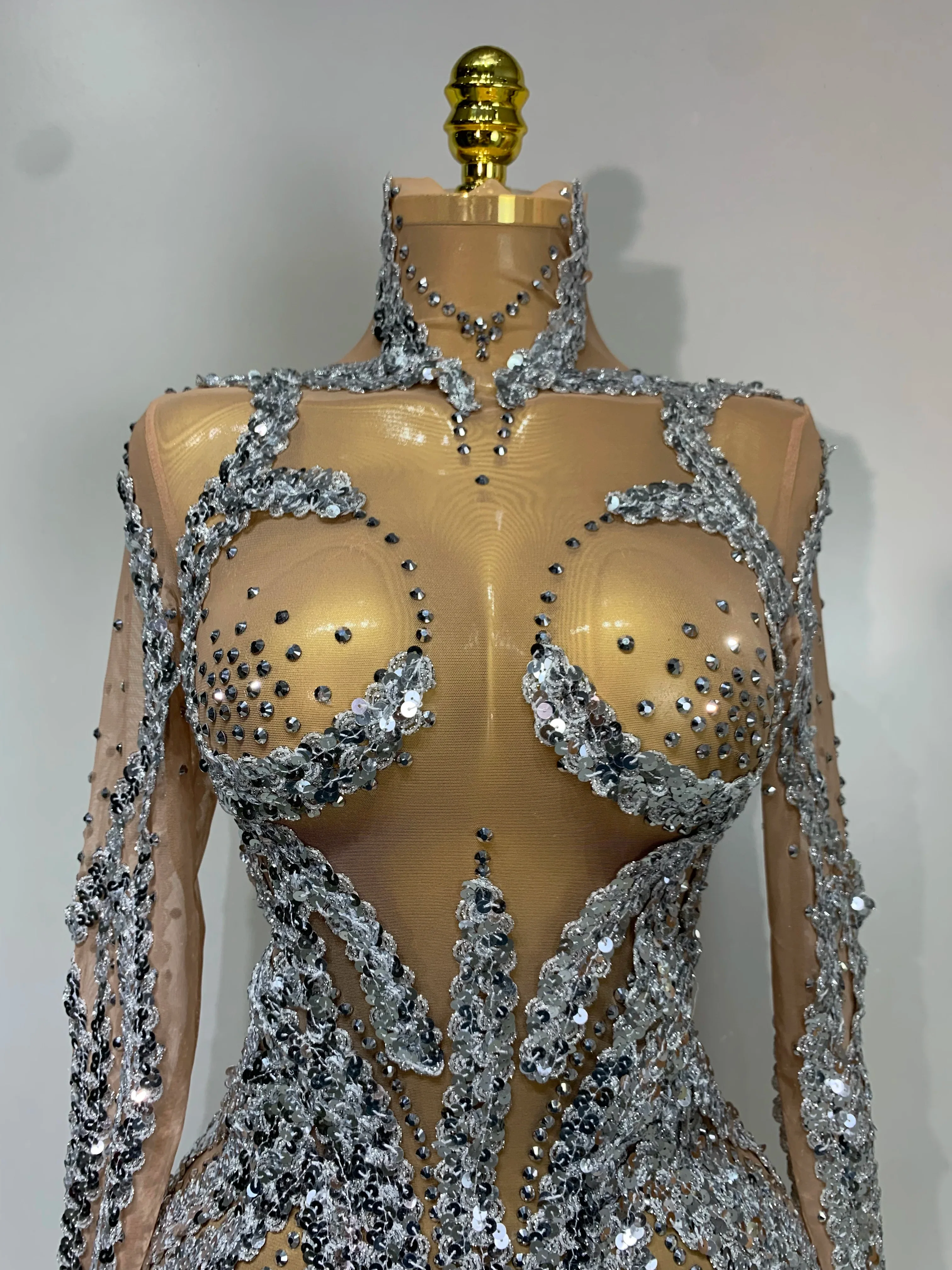 Women Sparkly Rhinestones Sexy Mesh Transparent Mini Dress Eveing Birthday Party Dance Nightclub Festival Show Stage Costumes - Image 5