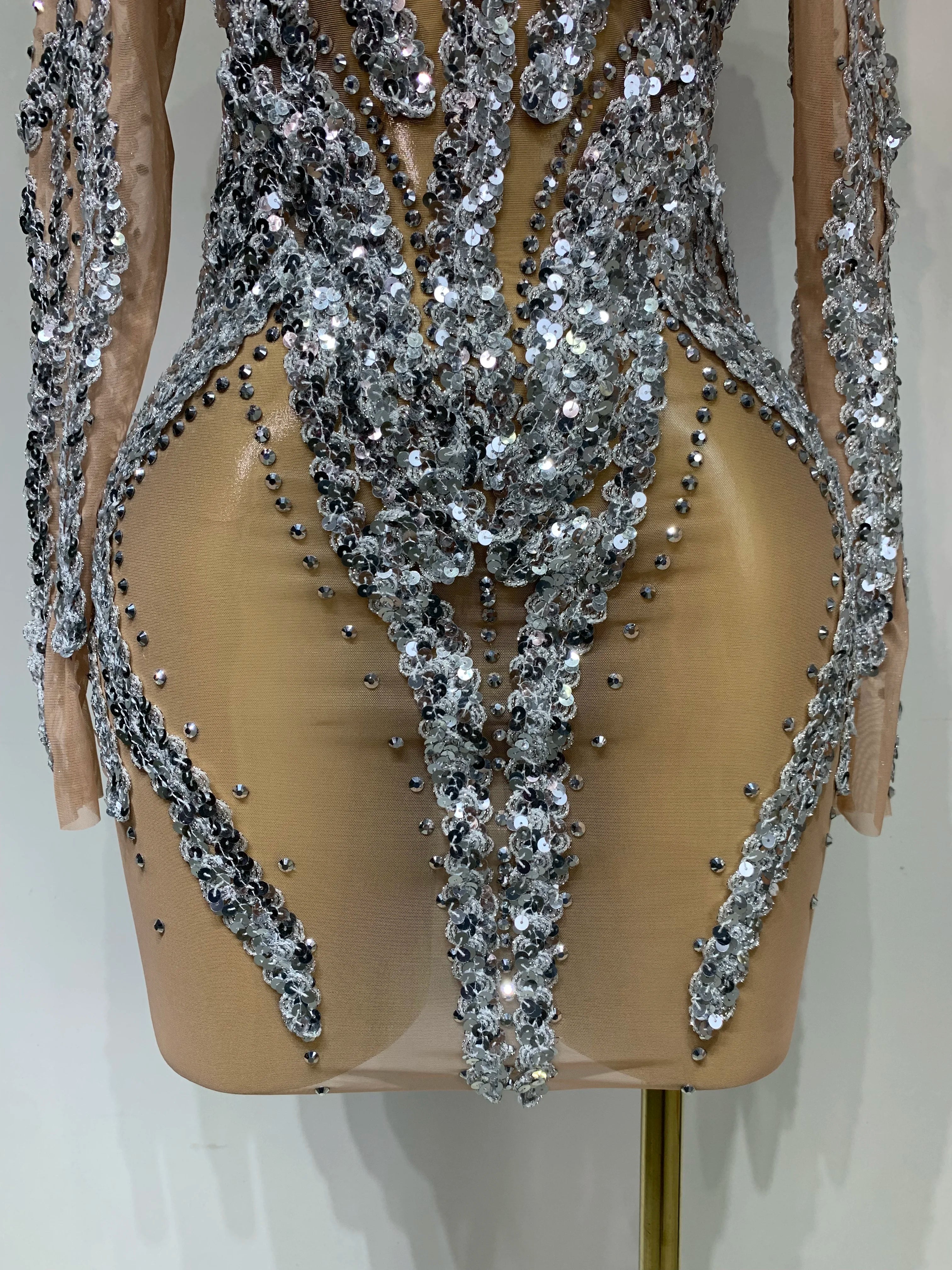 Women Sparkly Rhinestones Sexy Mesh Transparent Mini Dress Eveing Birthday Party Dance Nightclub Festival Show Stage Costumes - Image 6