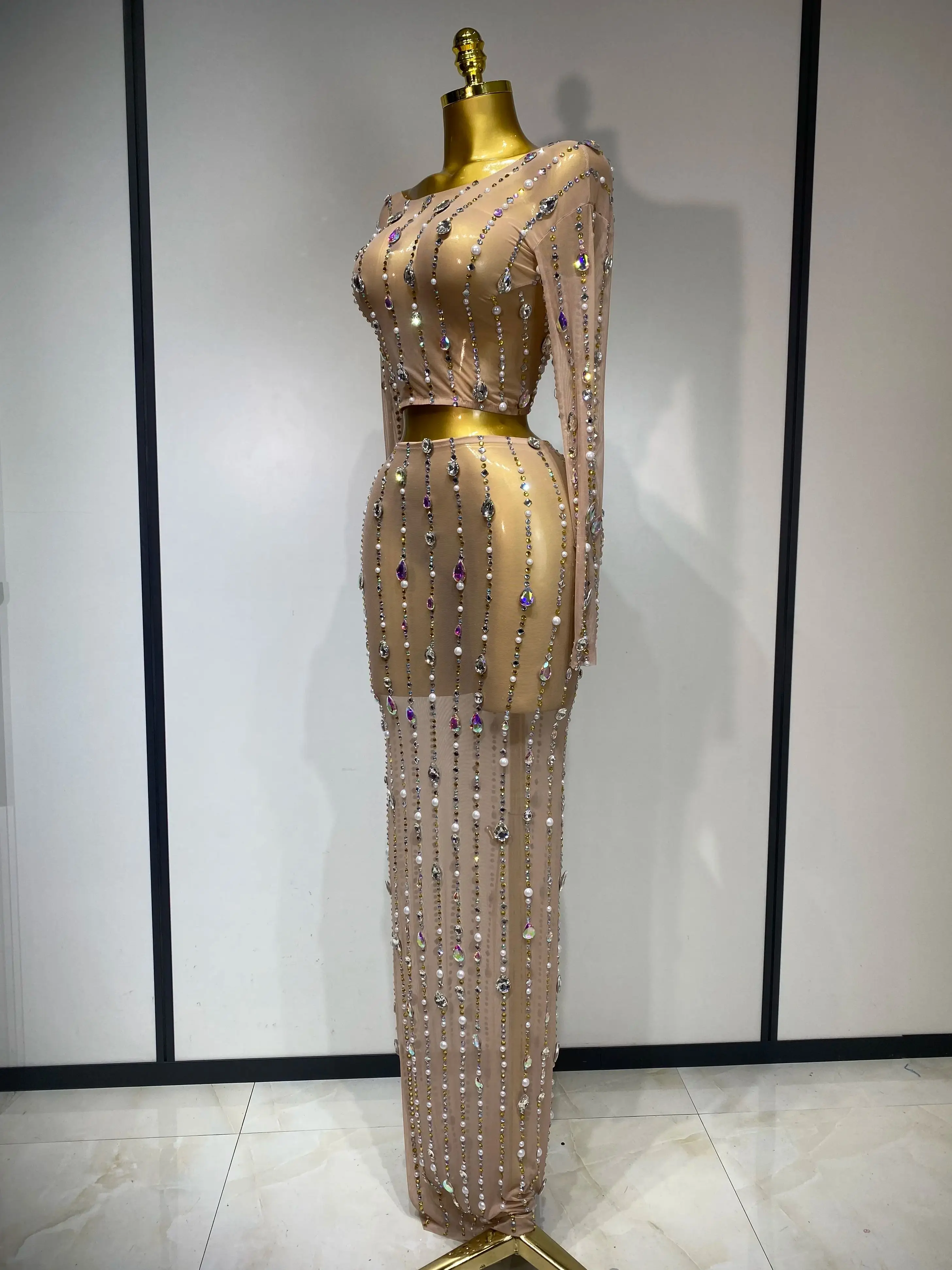 Women Sparkly Rhinestones Top Long Skirt Two Pieces Set Singer Dancer Nightclub Stage Performance Costume Luxury Birthday Dress - Image 2