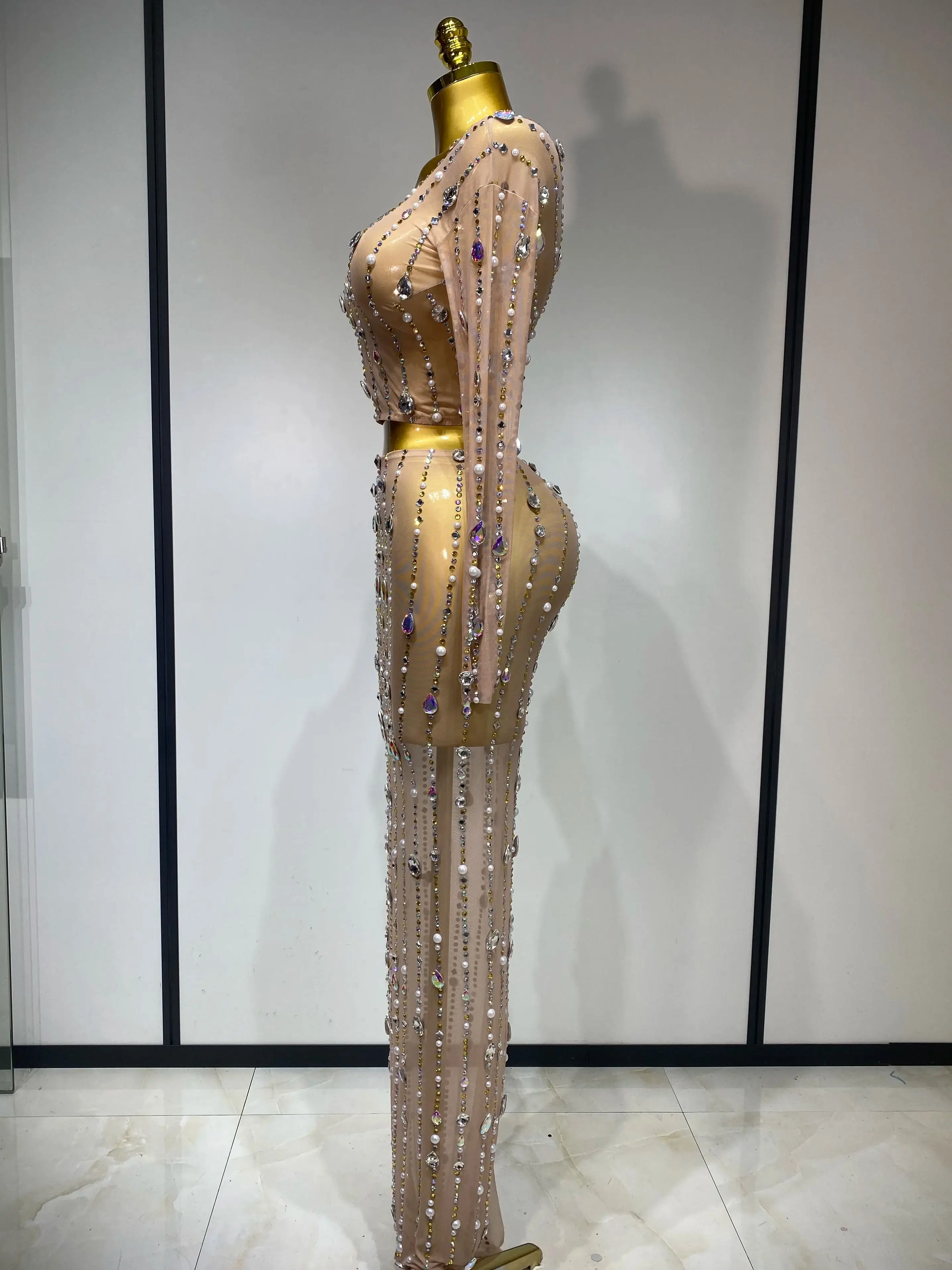 Women Sparkly Rhinestones Top Long Skirt Two Pieces Set Singer Dancer Nightclub Stage Performance Costume Luxury Birthday Dress - Image 3