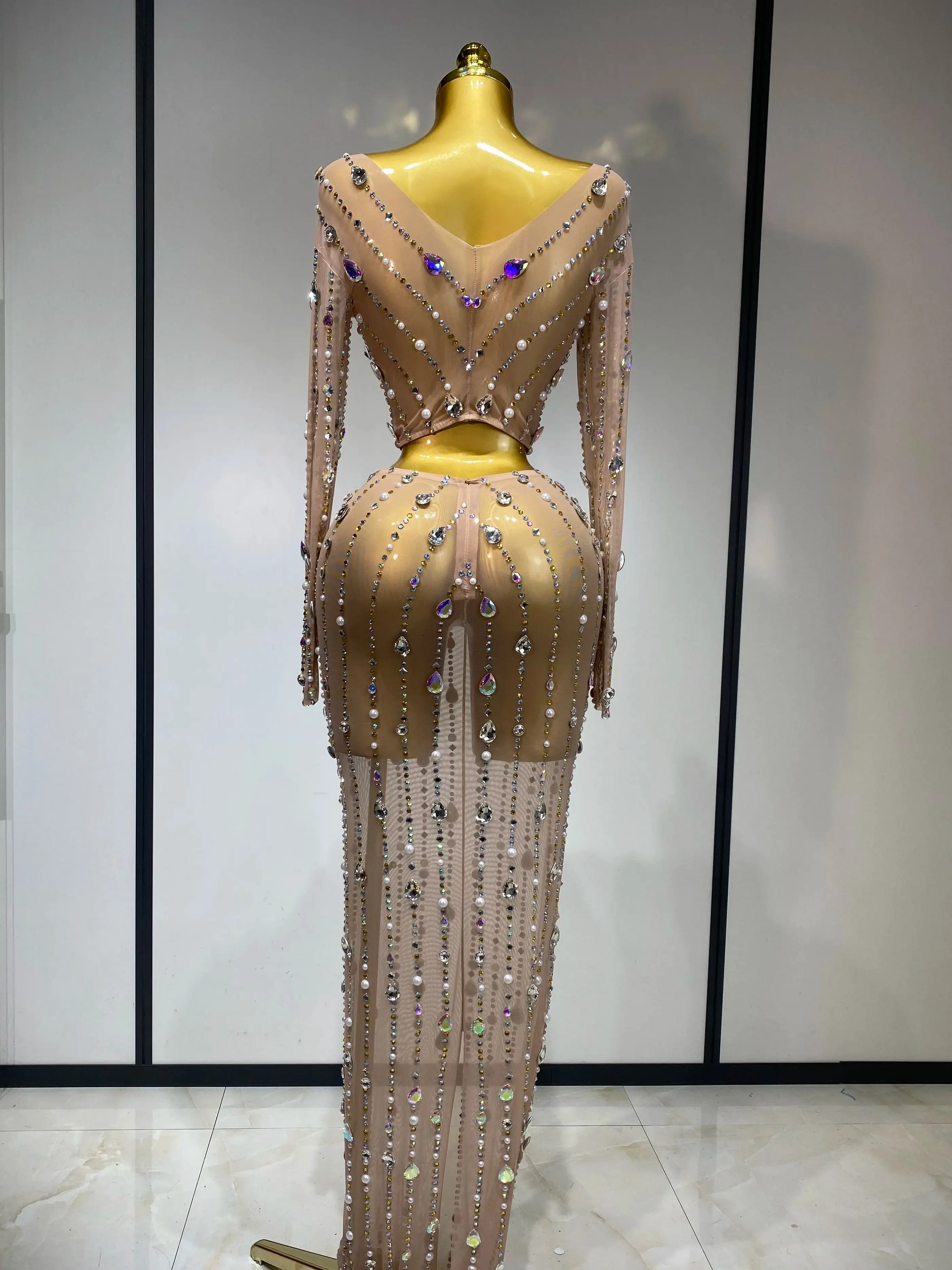 Women Sparkly Rhinestones Top Long Skirt Two Pieces Set Singer Dancer Nightclub Stage Performance Costume Luxury Birthday Dress - Image 4