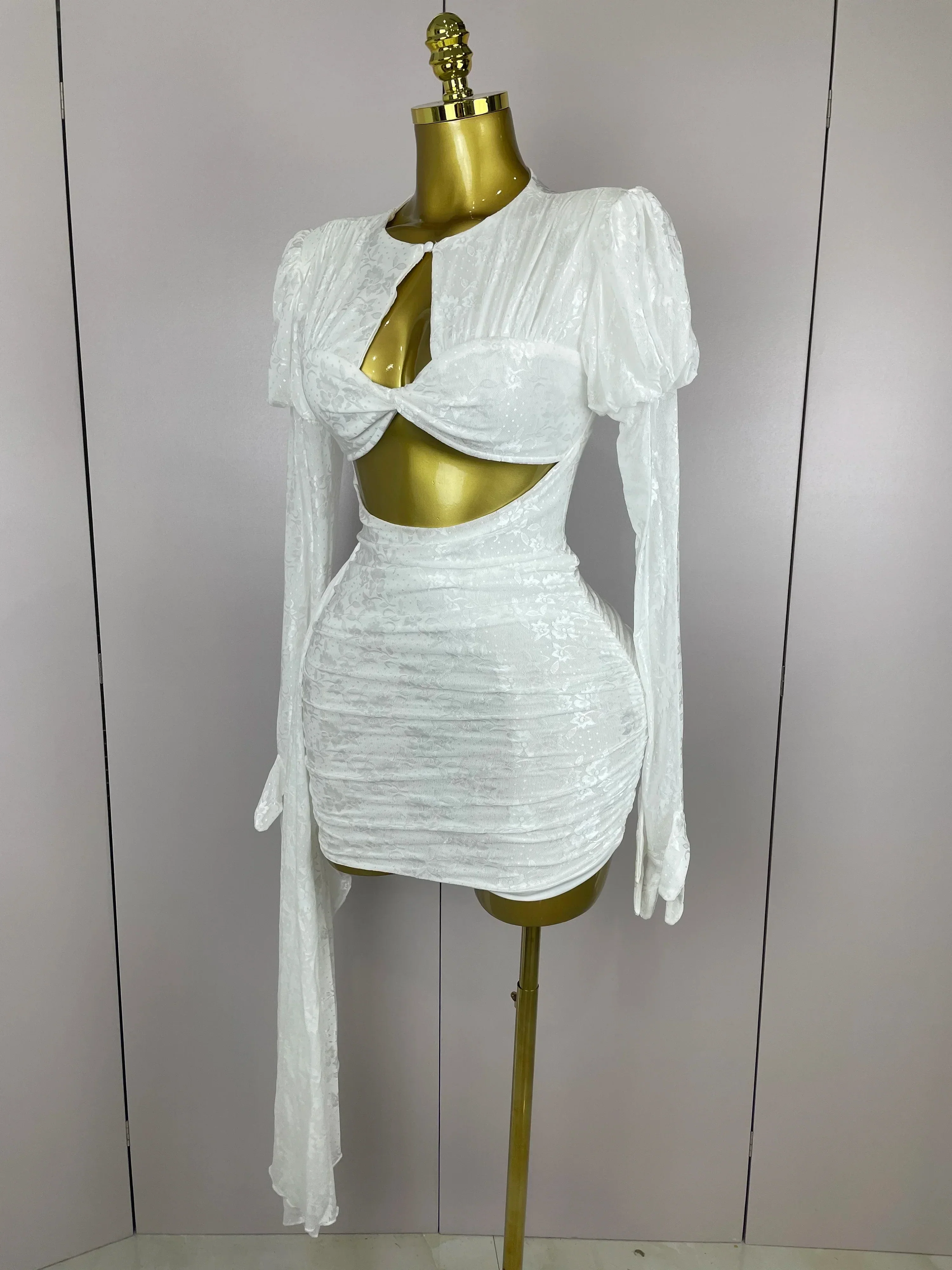 Women White Birthday Dress Fashion Long Sleeve O Neck Cut Out Bodycon Mini Trailing One Piece Celebrity Evening Club Dresses - Image 2