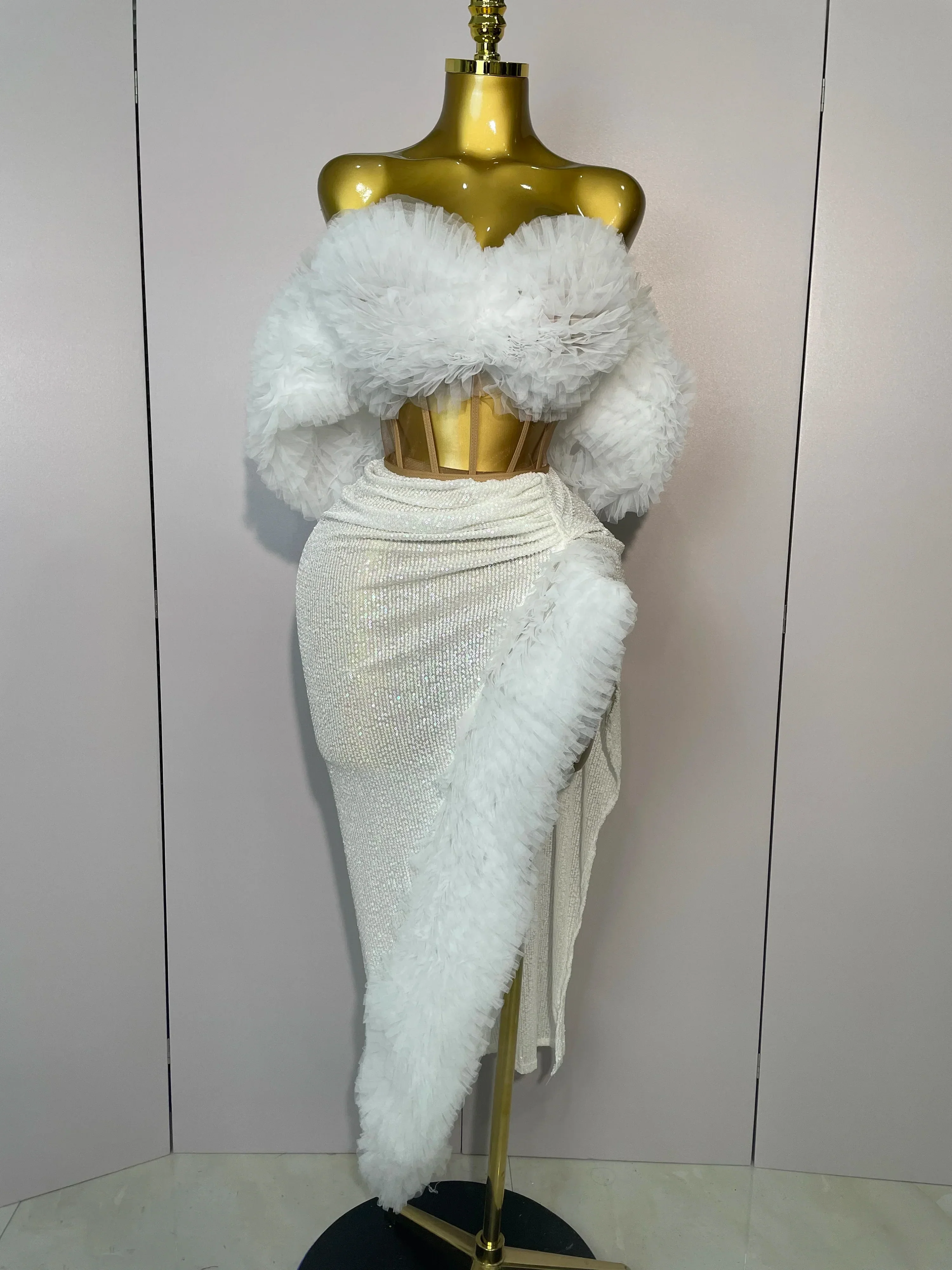 Women White Sequins Top Short Skirt Two Pieces Set Sexy Celebrate Evening Prom Birthday Dress Nightclub Stage Outfit