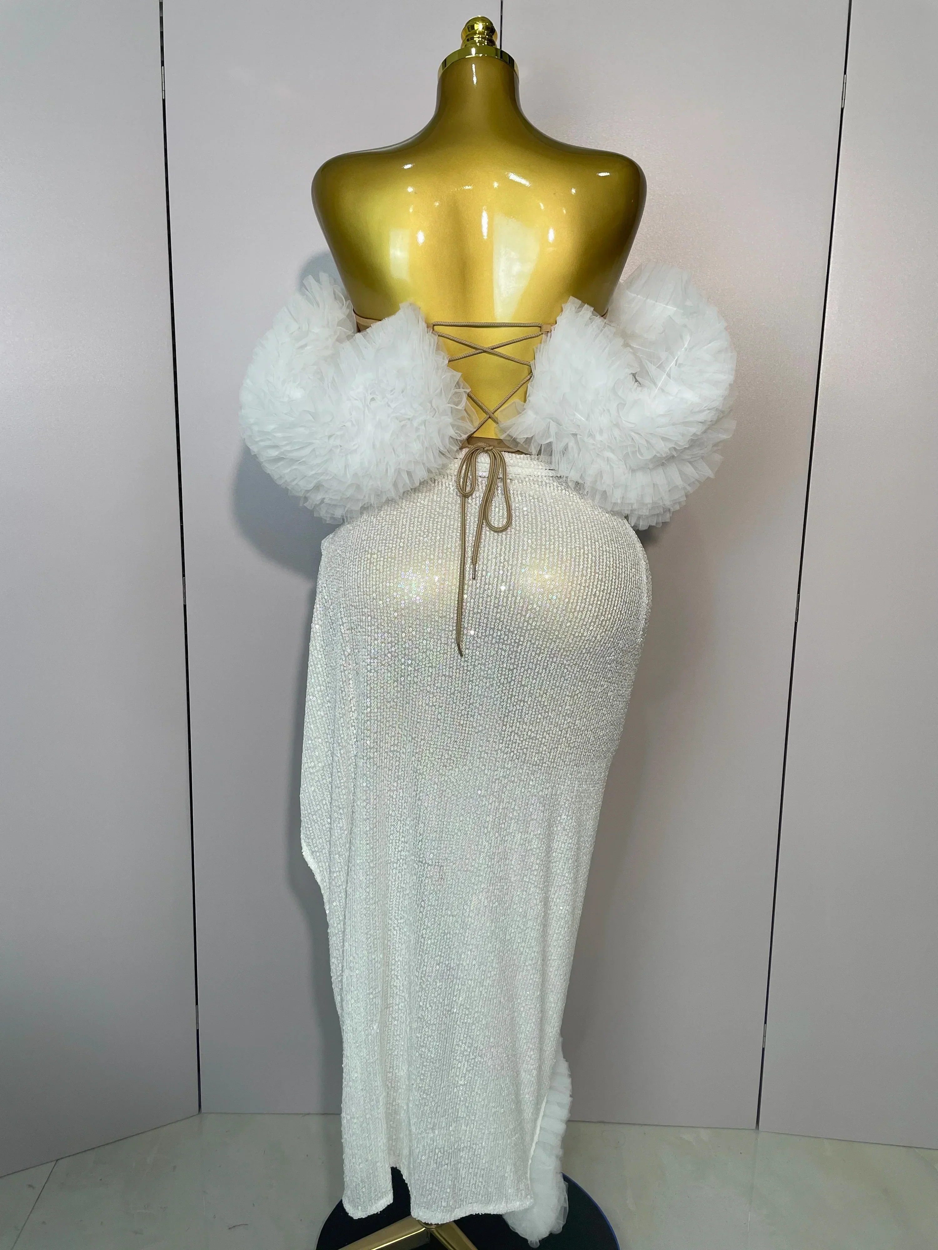 Women White Sequins Top Short Skirt Two Pieces Set Sexy Celebrate Evening Prom Birthday Dress Nightclub Stage Outfit - Image 3