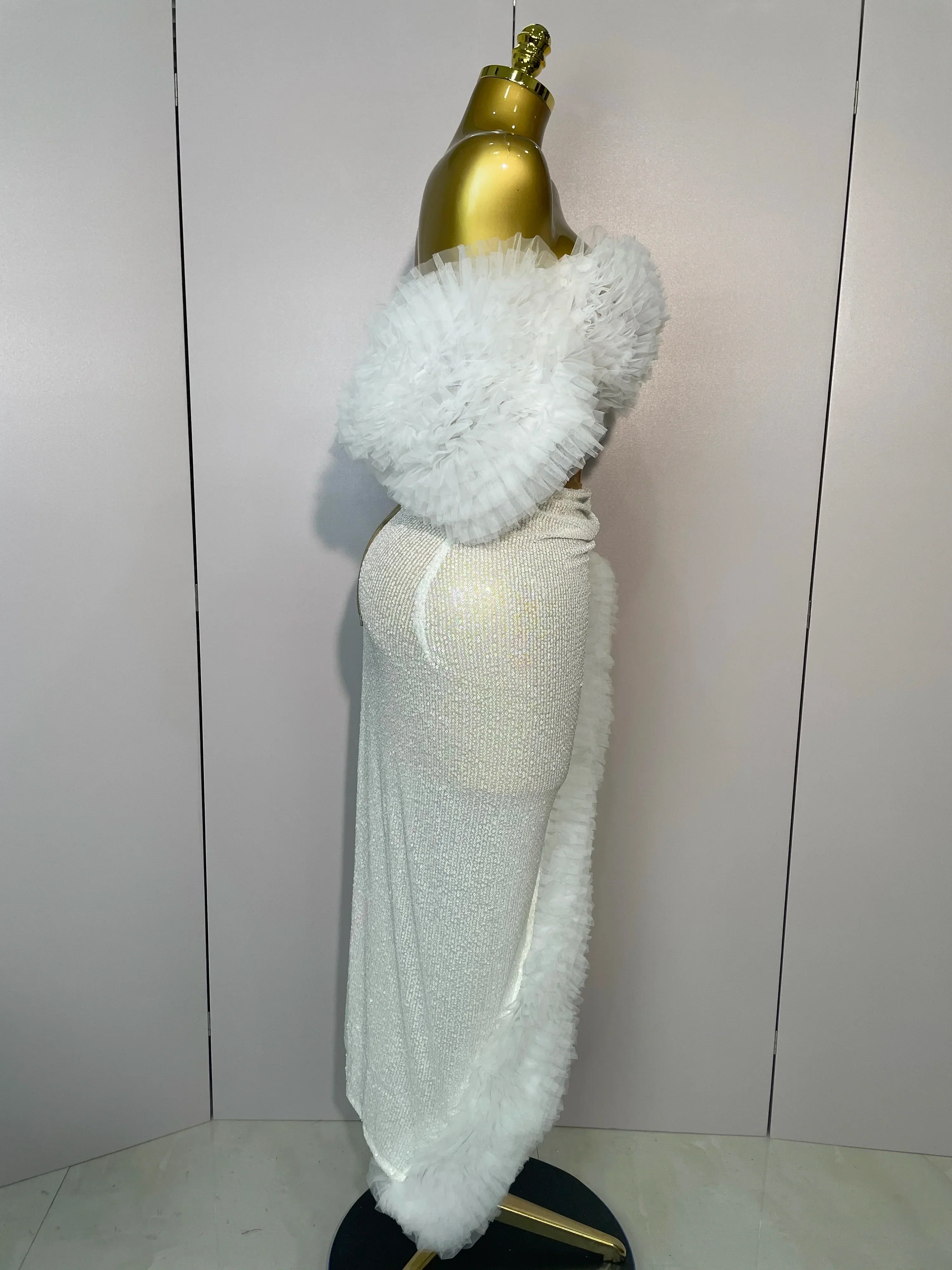 Women White Sequins Top Short Skirt Two Pieces Set Sexy Celebrate Evening Prom Birthday Dress Nightclub Stage Outfit - Image 4